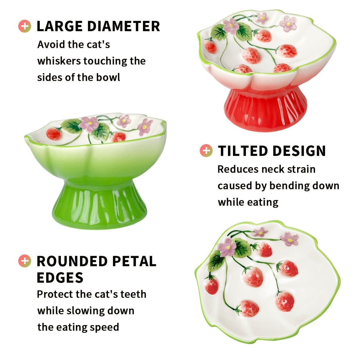 Elevated Ceramic Slow Feeder Cat Bowl for Food And Water with Raised Strawberry Design, Anti-Choke Spill-Proof, Neck Support, Pet Dish for Cats And Dogs, High Edge