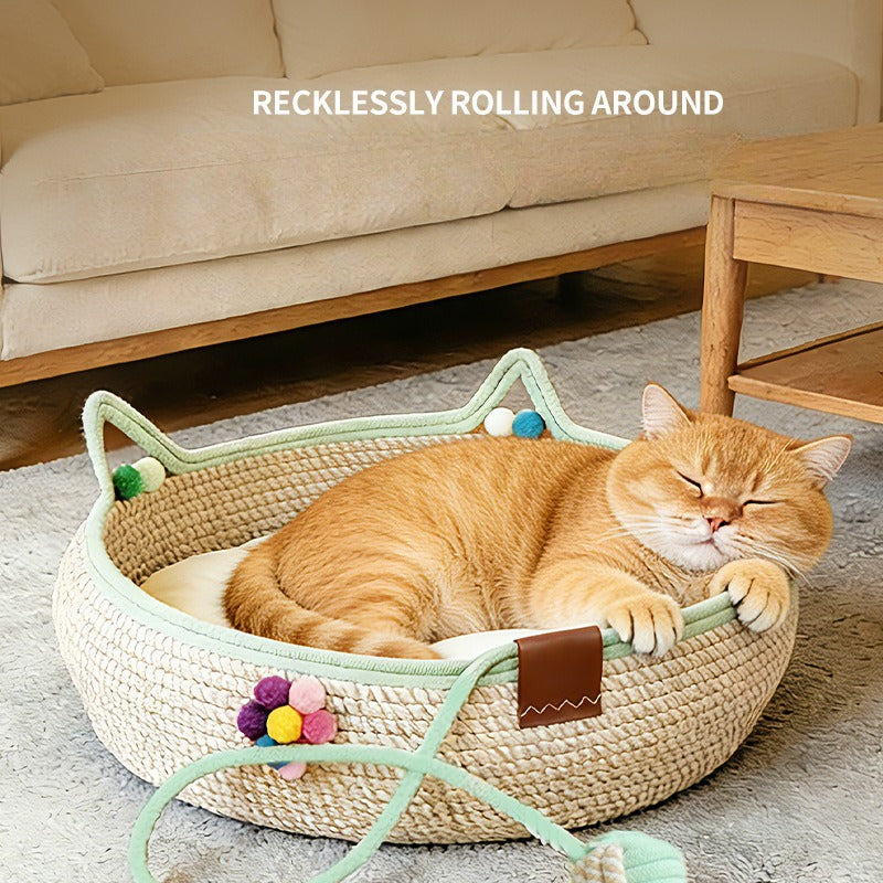Integrated Rope Cat Bed with Scratcher & Interactive Ball Washable All Season Anti-Scratch Pet Nest for Cats