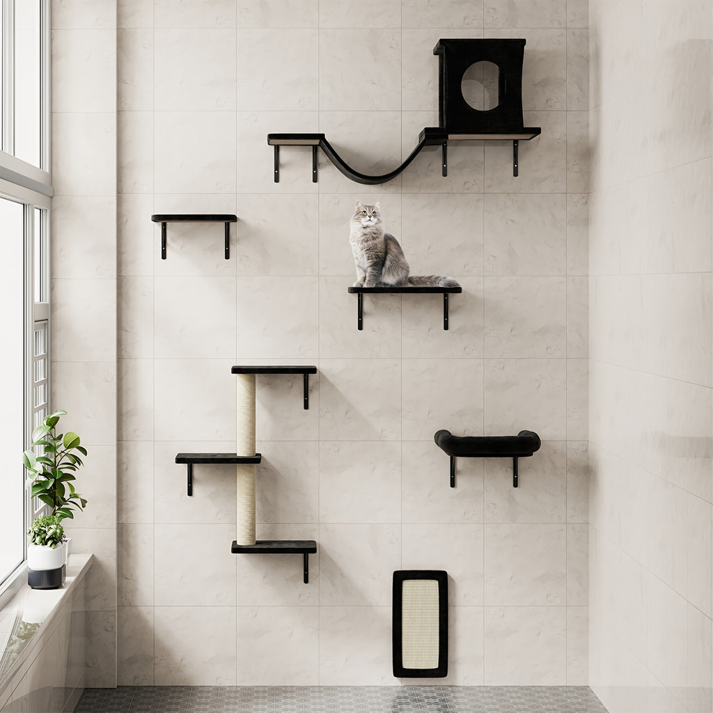 7pcs Wall Mounted Cat Furniture, 6pcs Cat Wall Furniture, Cat Climber With Cat House, Bridge, Tree, Steps, And Scratcher, Cat Walls Playground, Cat Shelves For Indoor Wall Furniture Set