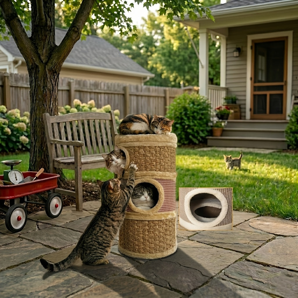 28- Inch Tree Hole Style Cat Condo - Cat Furniture, 3 Story Sisal Scratching Pad Cat Bed\u002FHideaway, Cat Tree House, Cat Hideaway, Compact Barrel- Shaped Indoor Cat Tree, Scratch- Resistant Design, Festive Pet Furniture For Indoor Cats, Brown