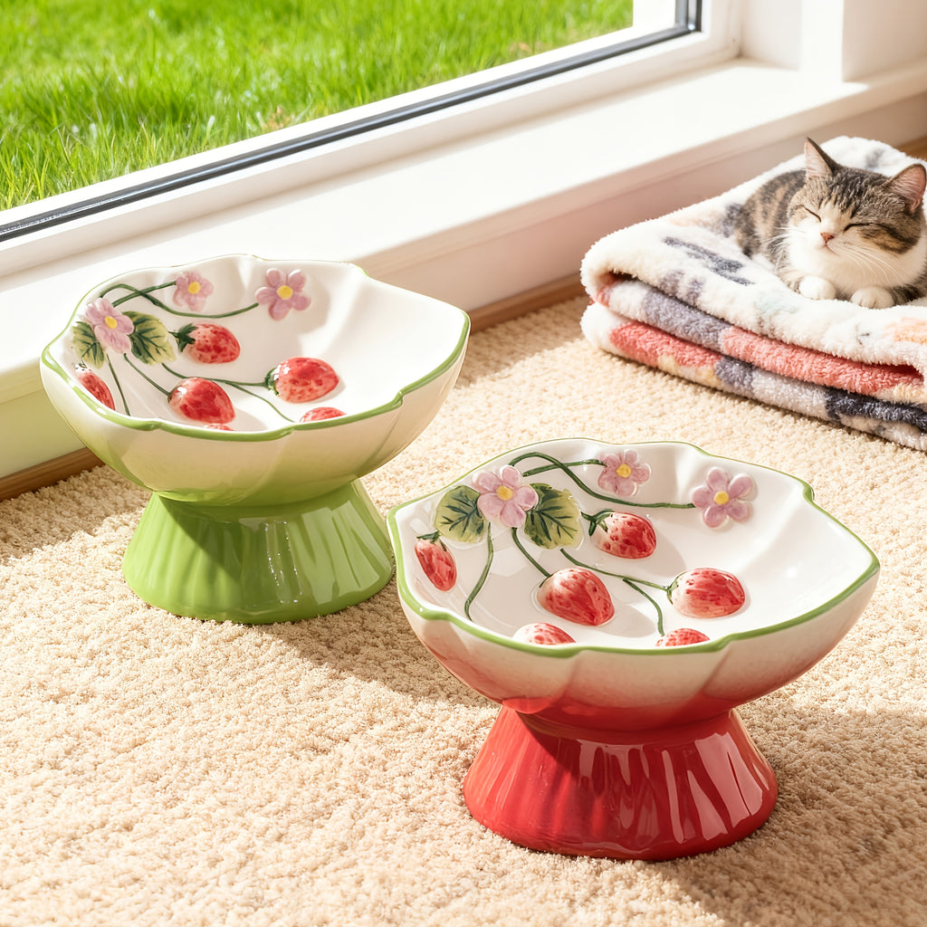 Elevated Ceramic Slow Feeder Cat Bowl for Food And Water with Raised Strawberry Design, Anti-Choke Spill-Proof, Neck Support, Pet Dish for Cats And Dogs, High Edge