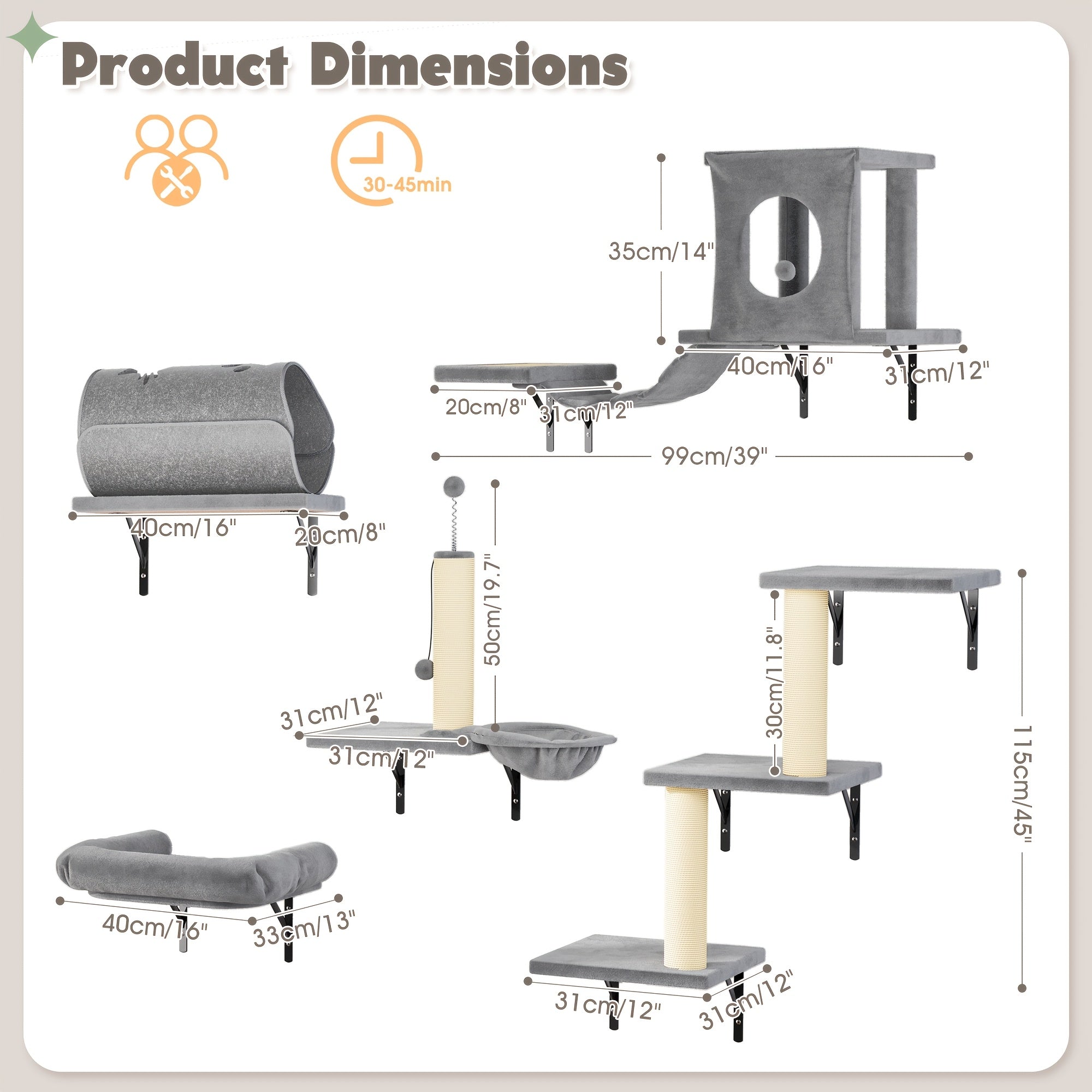 7pcs Wall Cat Shelf, 6pcs Deluxe Wall Mounted Cat Climbing Shelf Set, Indoor Cat Furniture, Includes 1 Cat Condo, 2 Cat Wall Shelves, 1 Cat Scratching Post, 1 Cat Bridge Ladder, Cat Tunnel, Suitable For Cats Of All Sizes