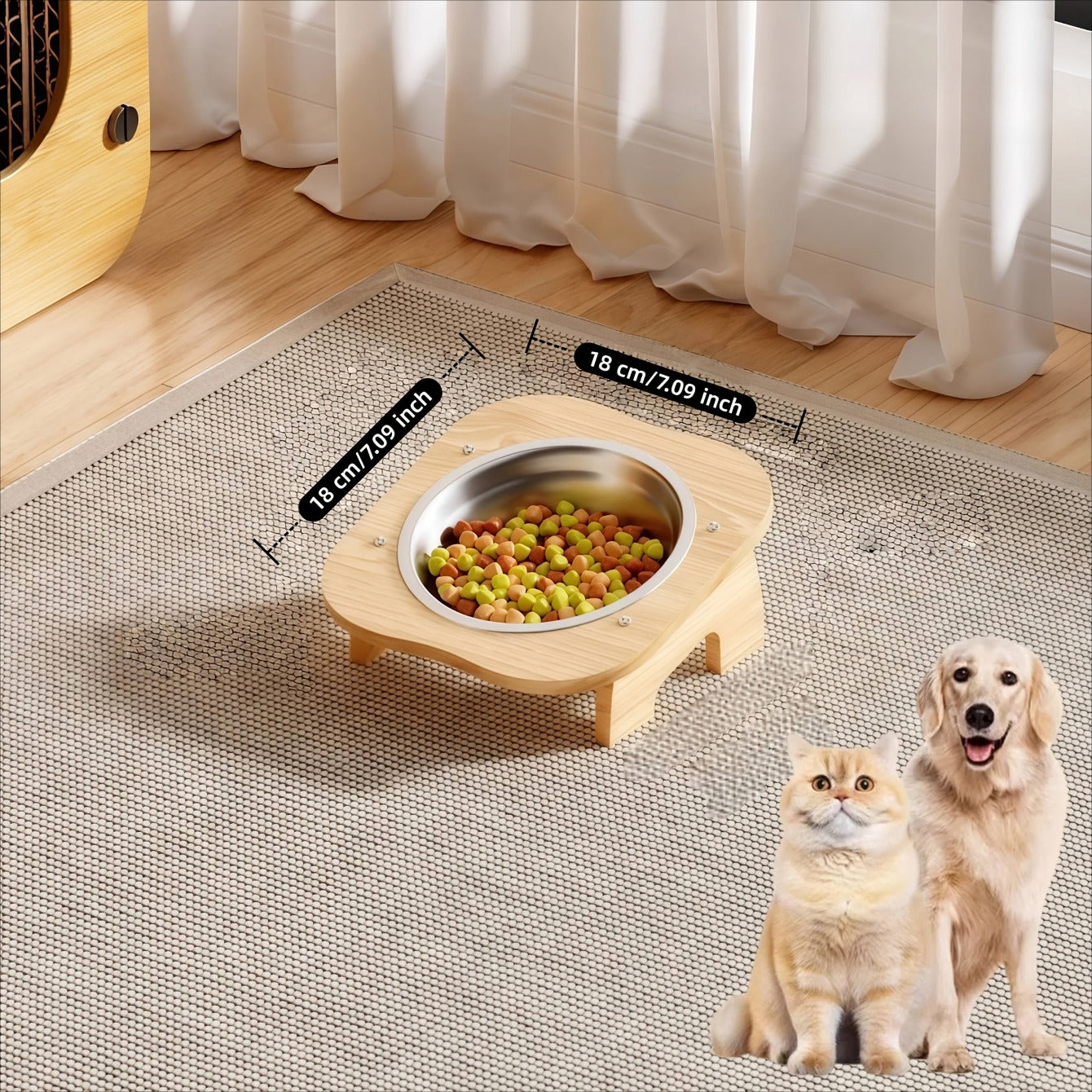 1\u002F2\u002F3 Bowls Solid Wood High Platform Cat And Dog Bowls, 15° Inclined Neck-Protecting Pet Feeder, Food And Water Bowl Set, Stainless Steel Bowls, Easy to Clean, Anti-Tipping, Suitable for Multi-Cat Households And Multi-Pet Households