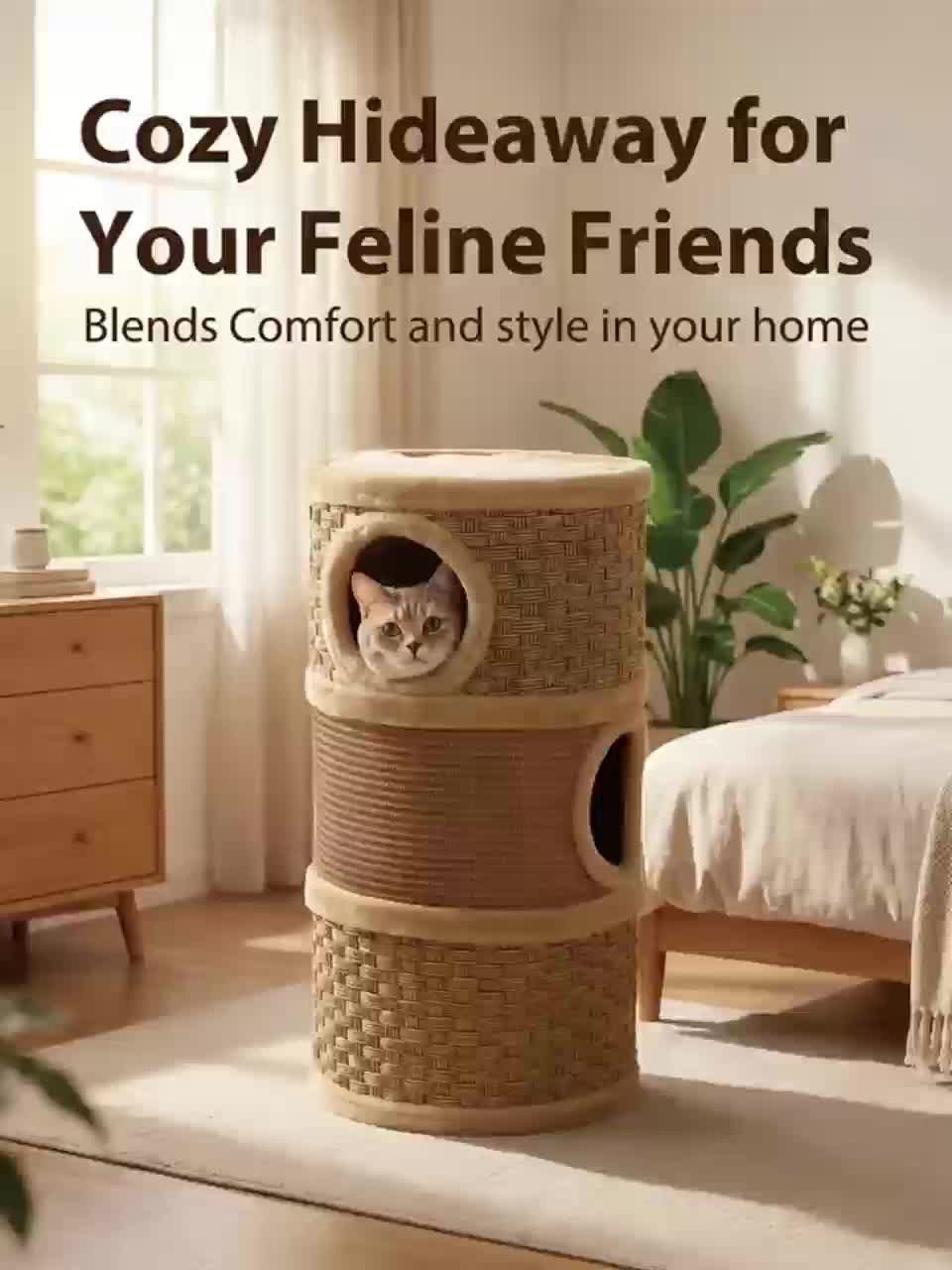 28- Inch Tree Hole Style Cat Condo - Cat Furniture, 3 Story Sisal Scratching Pad Cat Bed\u002FHideaway, Cat Tree House, Cat Hideaway, Compact Barrel- Shaped Indoor Cat Tree, Scratch- Resistant Design, Festive Pet Furniture For Indoor Cats, Brown