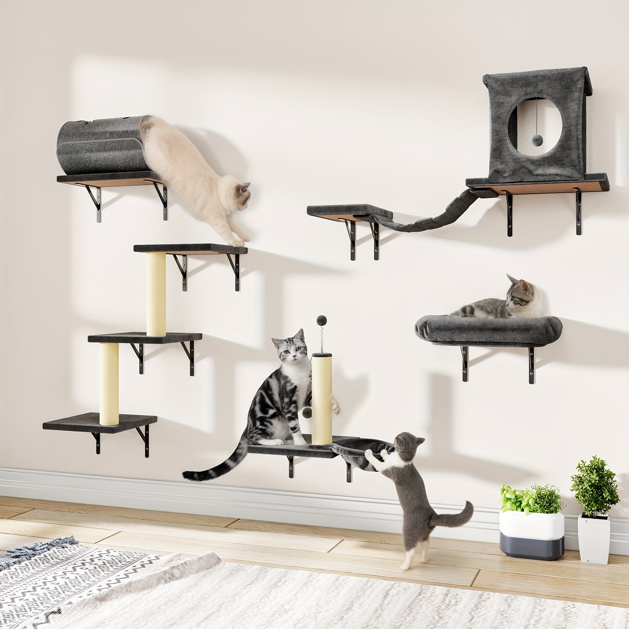 7pcs Wall Cat Shelf, 6pcs Deluxe Wall Mounted Cat Climbing Shelf Set, Indoor Cat Furniture, Includes 1 Cat Condo, 2 Cat Wall Shelves, 1 Cat Scratching Post, 1 Cat Bridge Ladder, Cat Tunnel, Suitable For Cats Of All Sizes