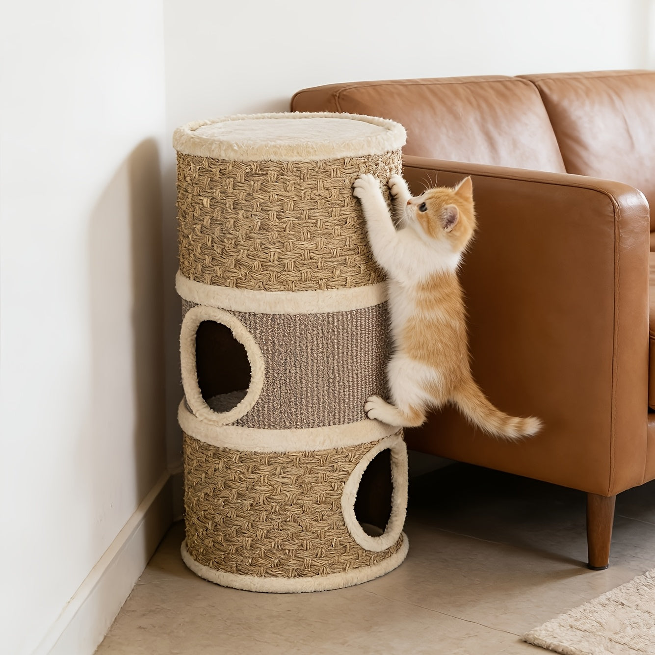 28- Inch Tree Hole Style Cat Condo - Cat Furniture, 3 Story Sisal Scratching Pad Cat Bed\u002FHideaway, Cat Tree House, Cat Hideaway, Compact Barrel- Shaped Indoor Cat Tree, Scratch- Resistant Design, Festive Pet Furniture For Indoor Cats, Brown
