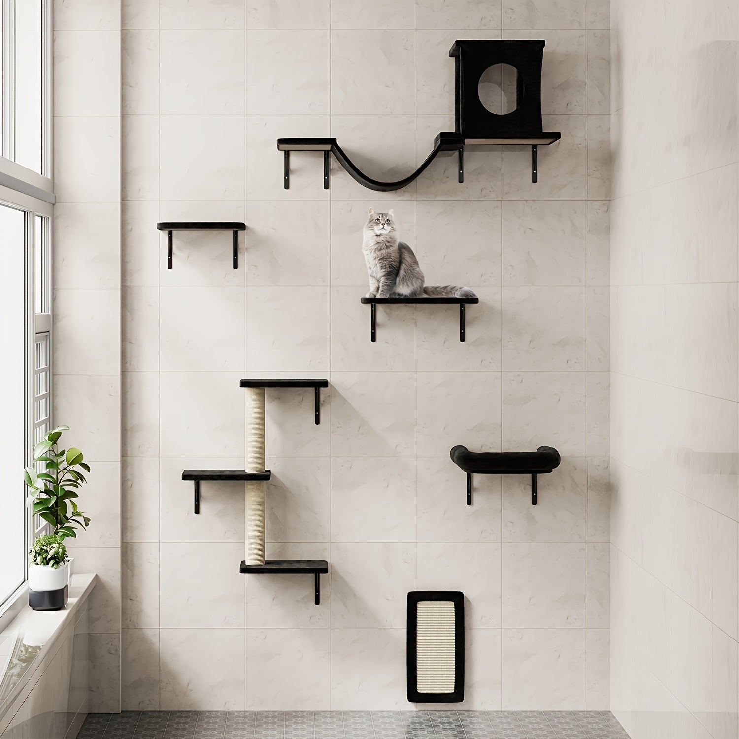 Cat Wall Shelves for Large Cats, Stable & Safe Kitty Walls Furniture Set for 40LBS Cats with Wooden Cat Climber, House, Bridge, Tree, Steps, And Scratcher for 16 Inch Drywall (Black, 6-in-1)