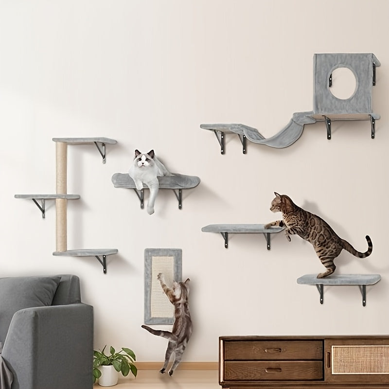 Cat Wall Shelves for Large Cats, Stable & Safe Kitty Walls Furniture Set for 40LBS Cats with Wooden Cat Climber, House, Bridge, Tree, Steps, And Scratcher for 16 Inch Drywall (Black, 6-in-1)