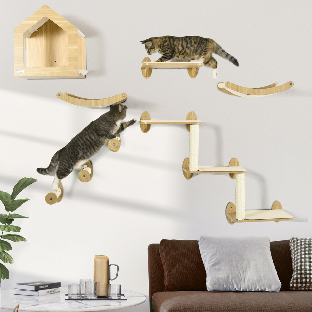 PawHut Unique Cat Tree Made From Cat Shelves with 10 Levels for More Height, Wall-Mounted Cat Tree Climbing Playground with Cat Hammocks, Modern Cat Tree