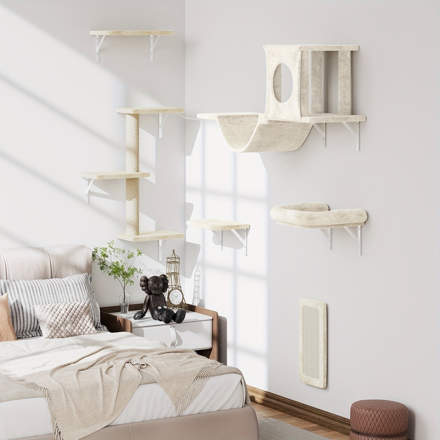 7pcs Wall Cat Shelf, 6pcs Deluxe Wall Mounted Cat Climbing Shelf Set, Indoor Cat Furniture, Includes 1 Cat Condo, 2 Cat Wall Shelves, 1 Cat Scratching Post, 1 Cat Bridge Ladder, Cat Tunnel, Suitable For Cats Of All Sizes
