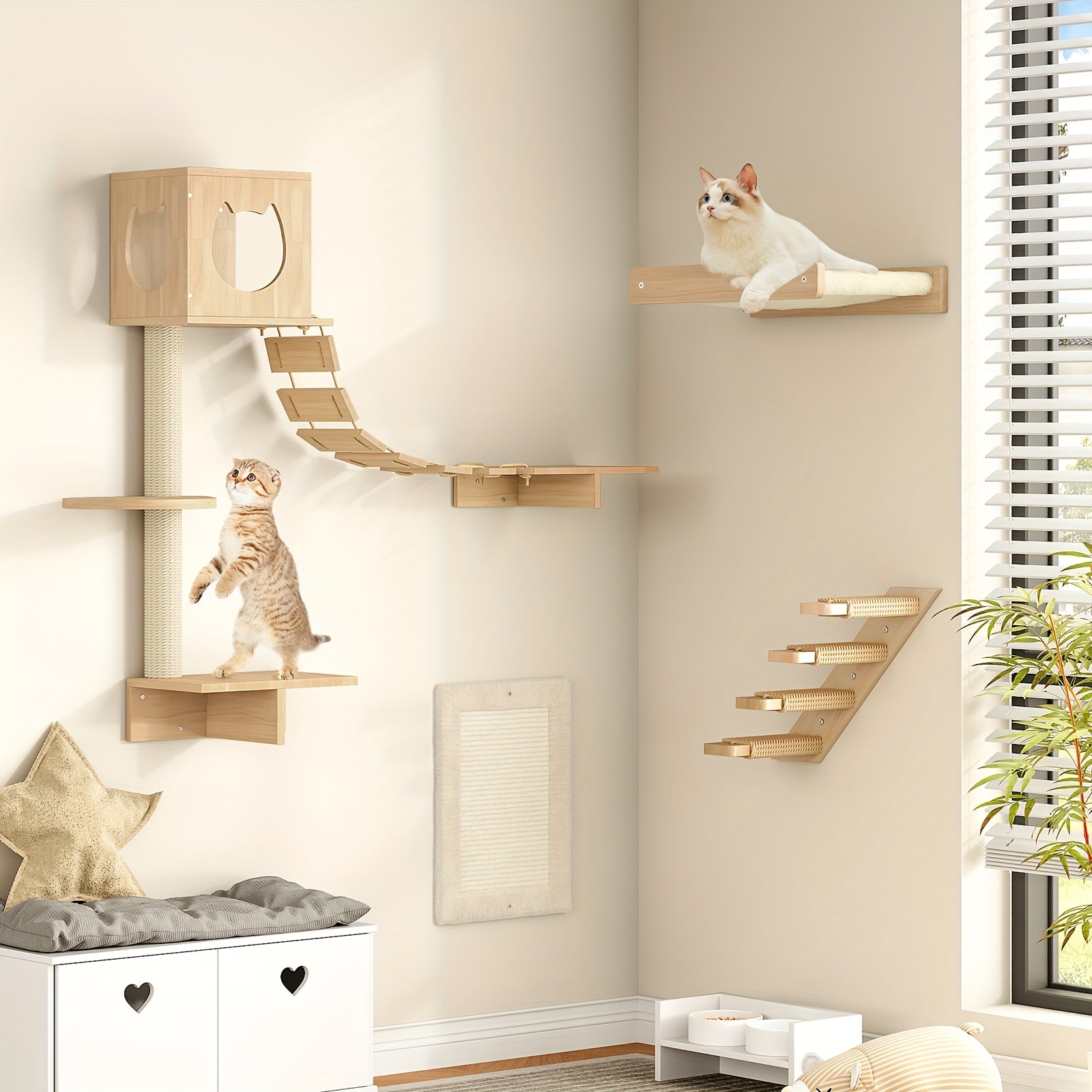 Cat Wall Shelves And Perches For Wall, Wooden Wall Mounted Cat Furniture, Set Of 5 Cat Wall Furniture, Cat Corridor, Cat House, Cat Plush Hammock, Scratching Board And Cat Climbing Shelves, Sturdy, Durable And Safe, Natural