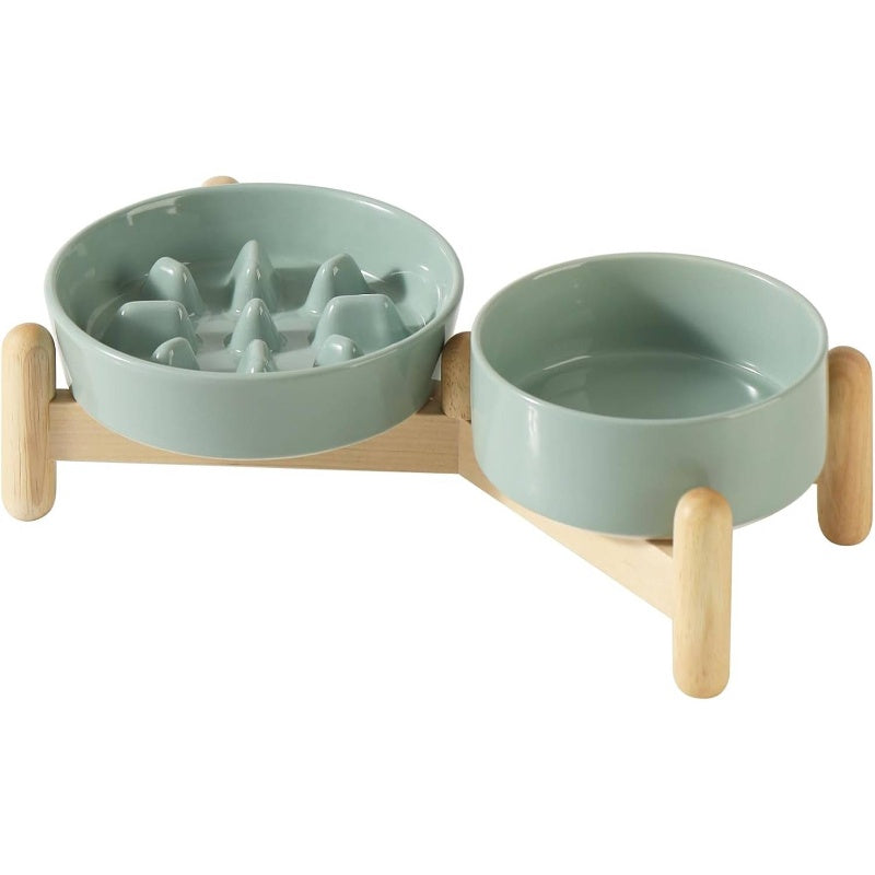Ceramic Raised Slow Feeder Dog Bowl Set with Adjustable Height Wooden Stand - Elevated 5.1\