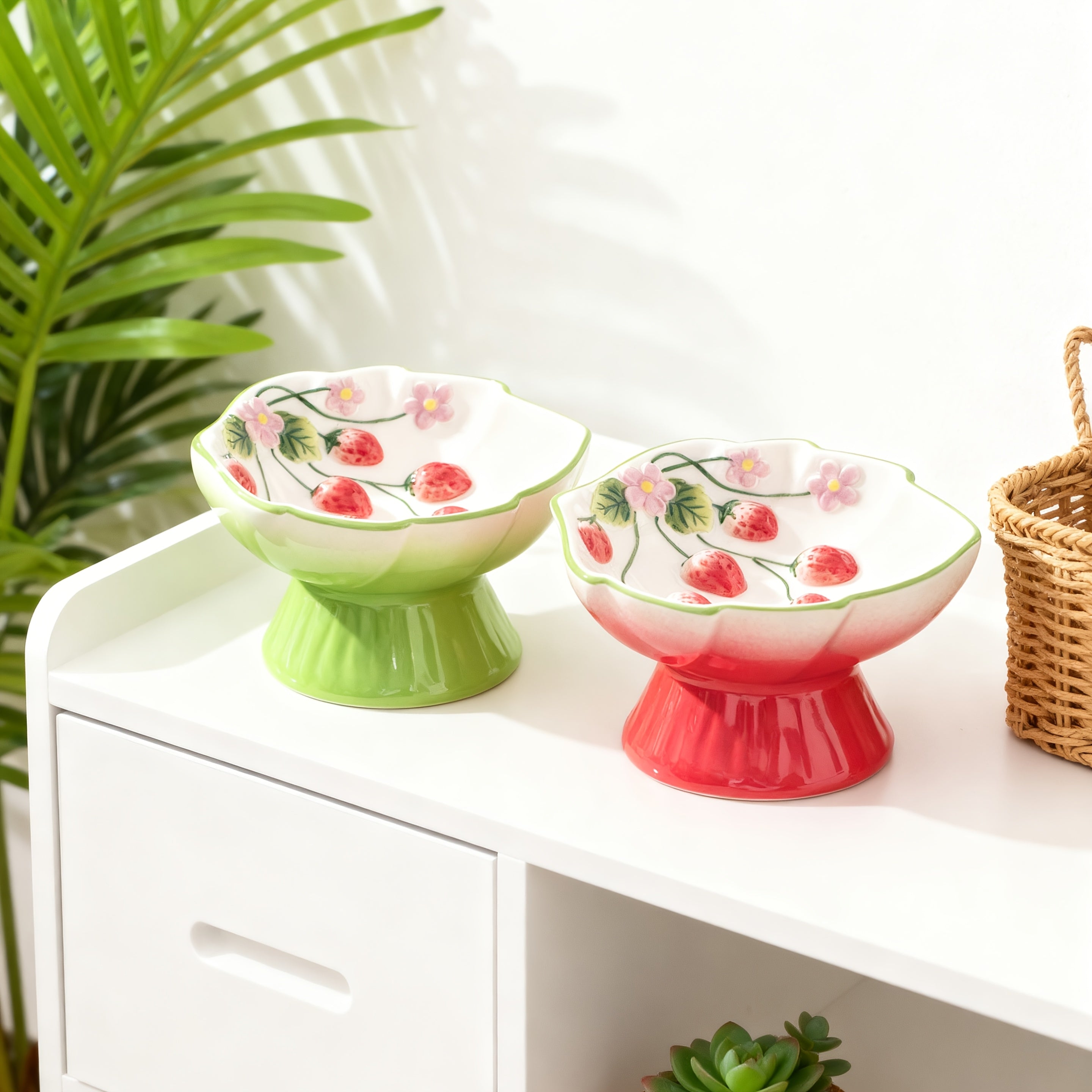 Elevated Ceramic Slow Feeder Cat Bowl for Food And Water with Raised Strawberry Design, Anti-Choke Spill-Proof, Neck Support, Pet Dish for Cats And Dogs, High Edge