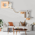 Set of Wall-Mounted Cat Shelves Made from Solid Pine Wood, Featuring a Condo, a Bridge Ladder, a Sisal Scratching Post, And Two Shelves, Creating a Three-Level Climbing Playground for Indoor Cats, Perfect for Cat Tree Perches