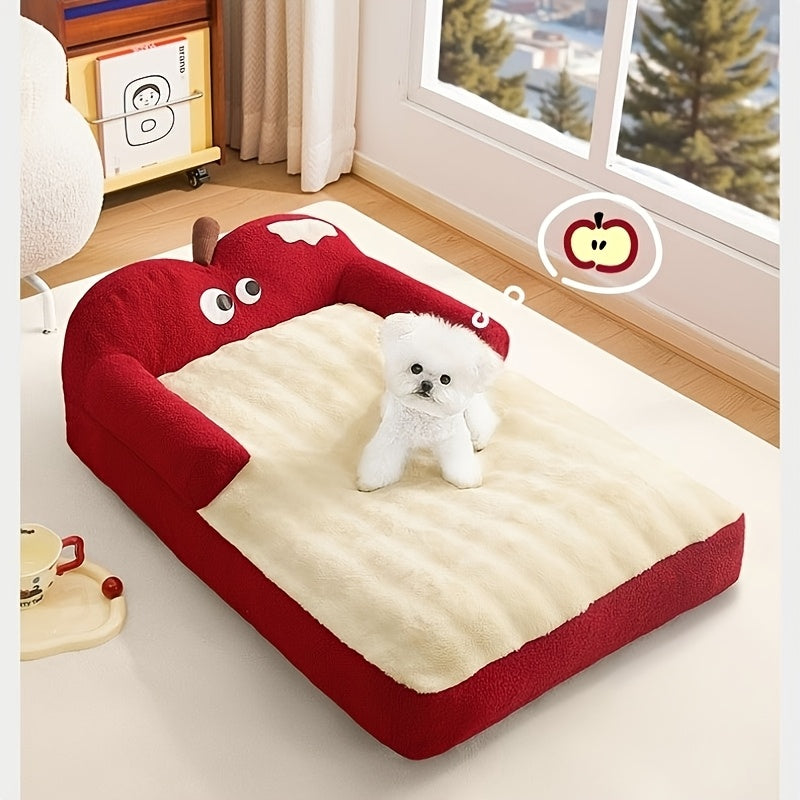 2pcs Apple Warm Bed + Blanket Universal Kennel Bed Removable And Washable Winter Warm Sleeping Cushion Cat Sofa