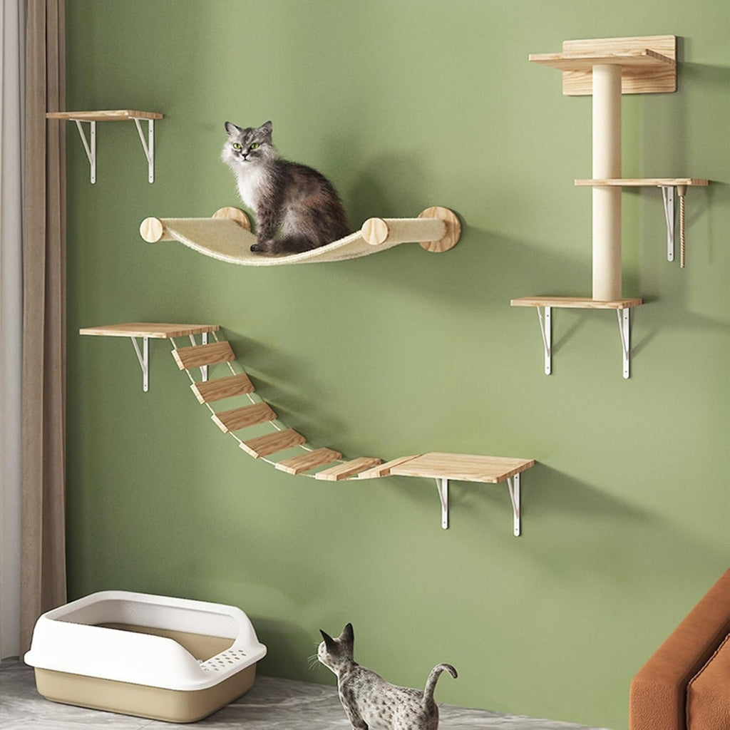 SHADEMART 4 Pcs Cat Climbing Wall, Wall Mounted Cat Shelves, DIY Set Indoor Playground with Scratching Posts, Hanging Bed