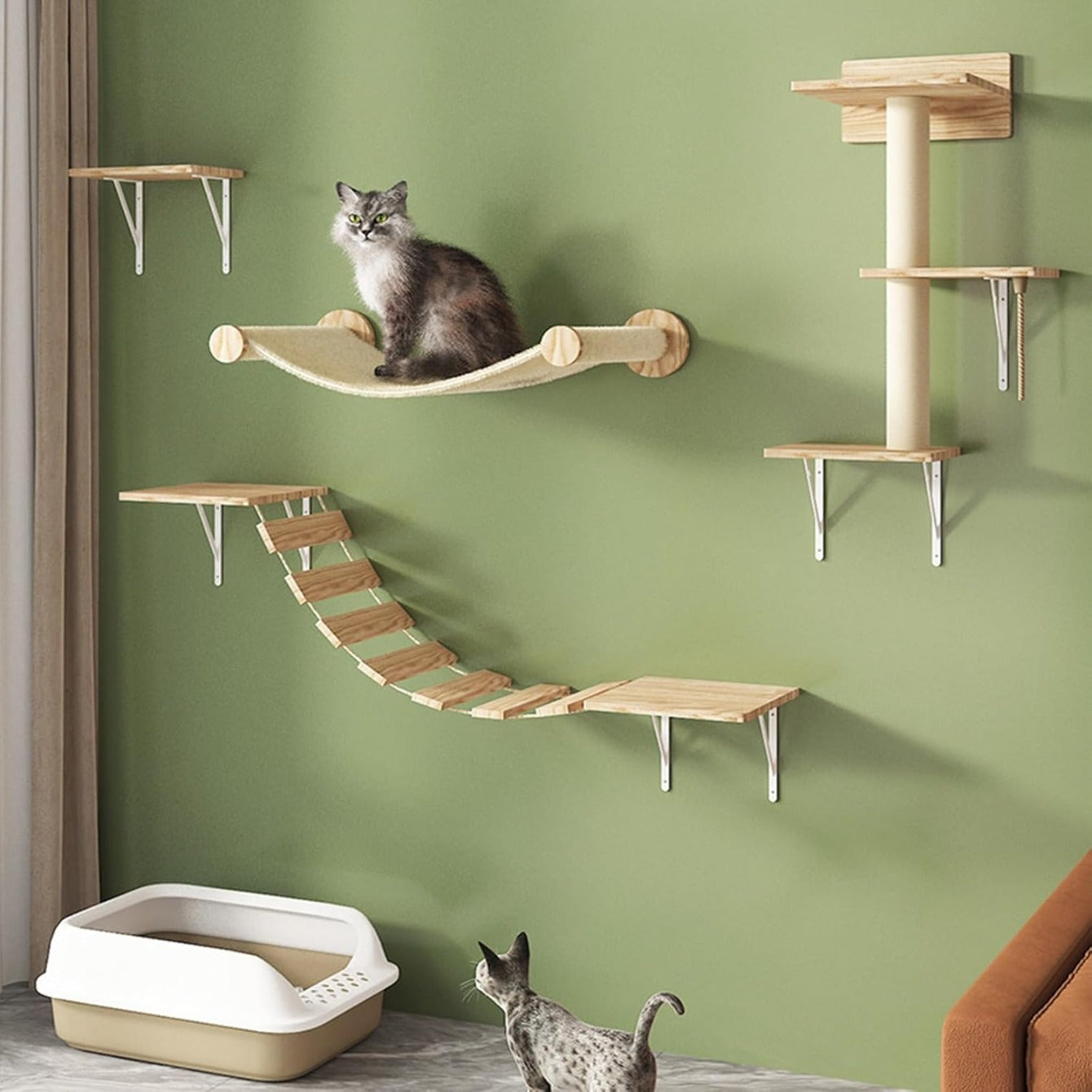 SHADEMART 4 Pcs Cat Climbing Wall, Wall Mounted Cat Shelves, DIY Set Indoor Playground with Scratching Posts, Hanging Bed