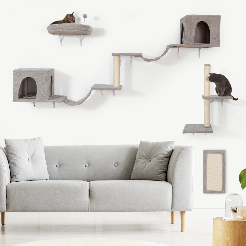 Cat Wall Furniture, Sturdy and Safe 8 in 1 Cat Wall Shelves, Fashion Unique Wooden Cat Climber with Cat Condo, Scratching Board, Bridge & Tree, Gray