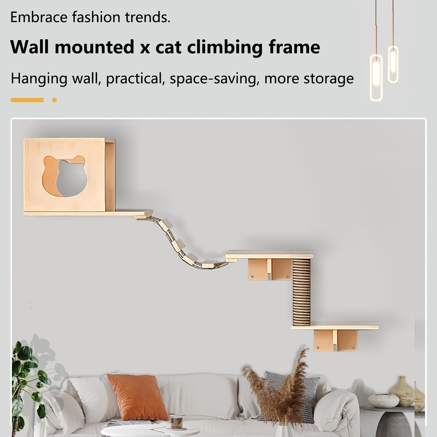 Set of Wall-Mounted Cat Shelves Made from Solid Pine Wood, Featuring a Condo, a Bridge Ladder, a Sisal Scratching Post, And Two Shelves, Creating a Three-Level Climbing Playground for Indoor Cats, Perfect for Cat Tree Perches