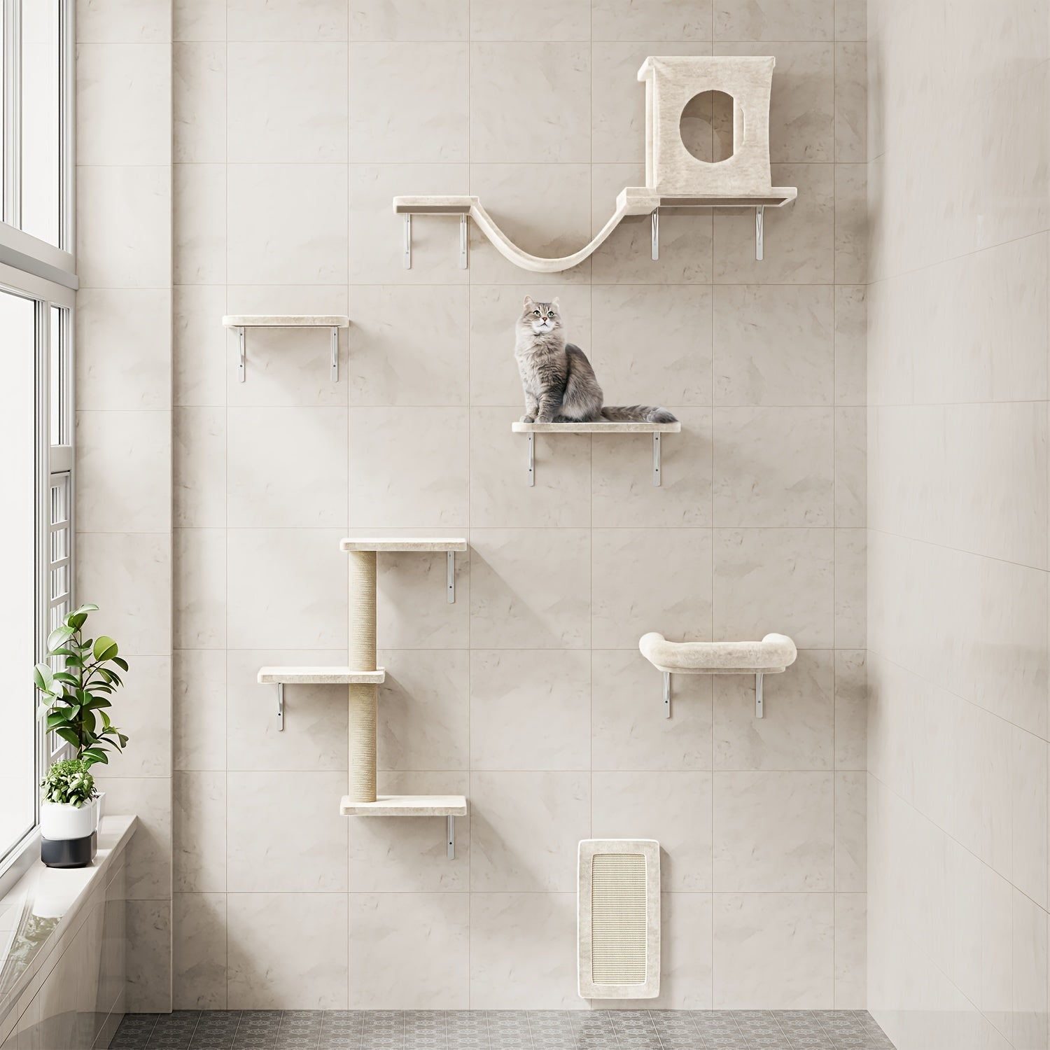 7pcs Wall Mounted Cat Furniture, 6pcs Cat Wall Furniture, Cat Climber With Cat House, Bridge, Tree, Steps, And Scratcher, Cat Walls Playground, Cat Shelves For Indoor Wall Furniture Set