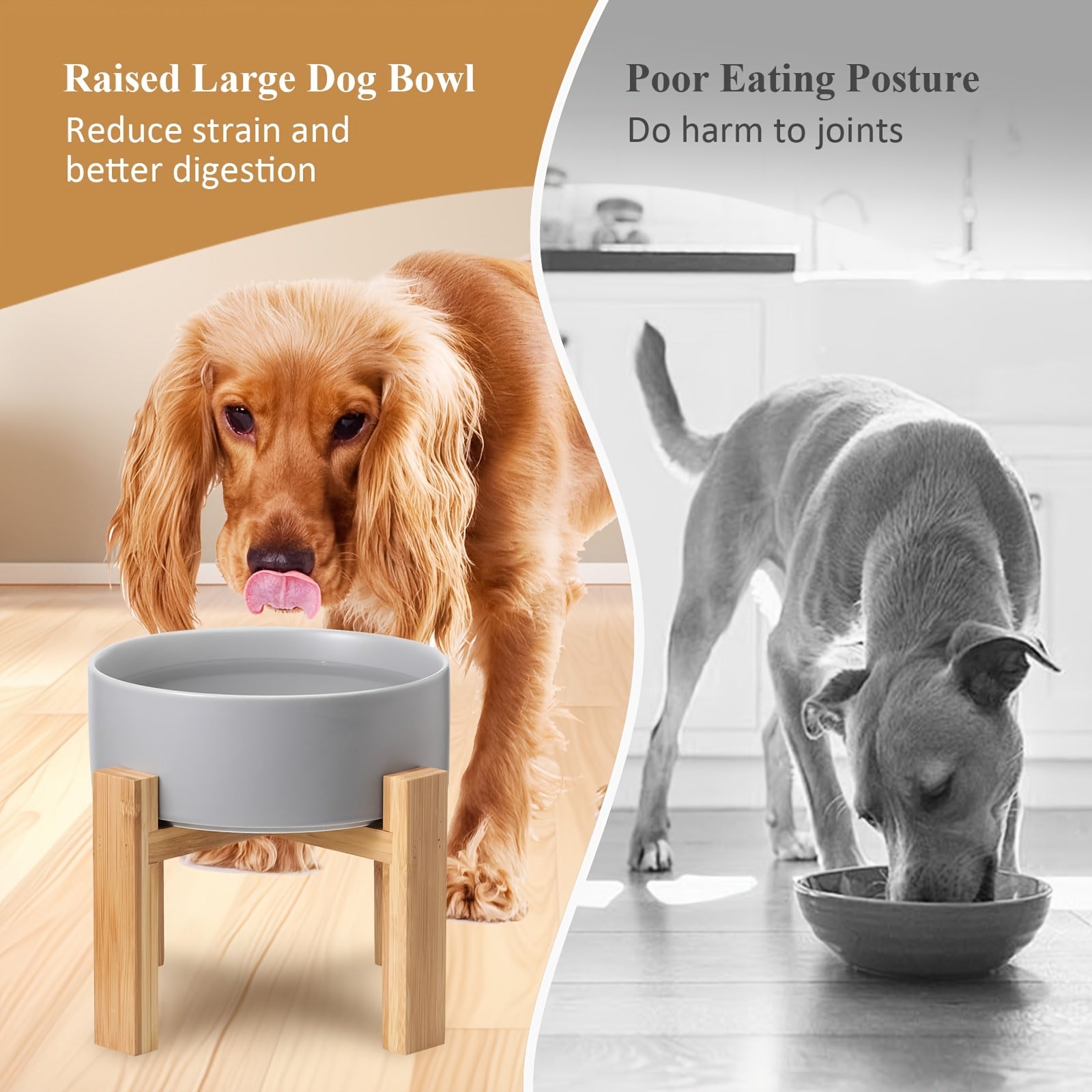 AHX Elevated Ceramic Dog Bowl with Bamboo Stand - Heavy-Duty Raised Dog Dish, No-Tip Design, 8, 4\