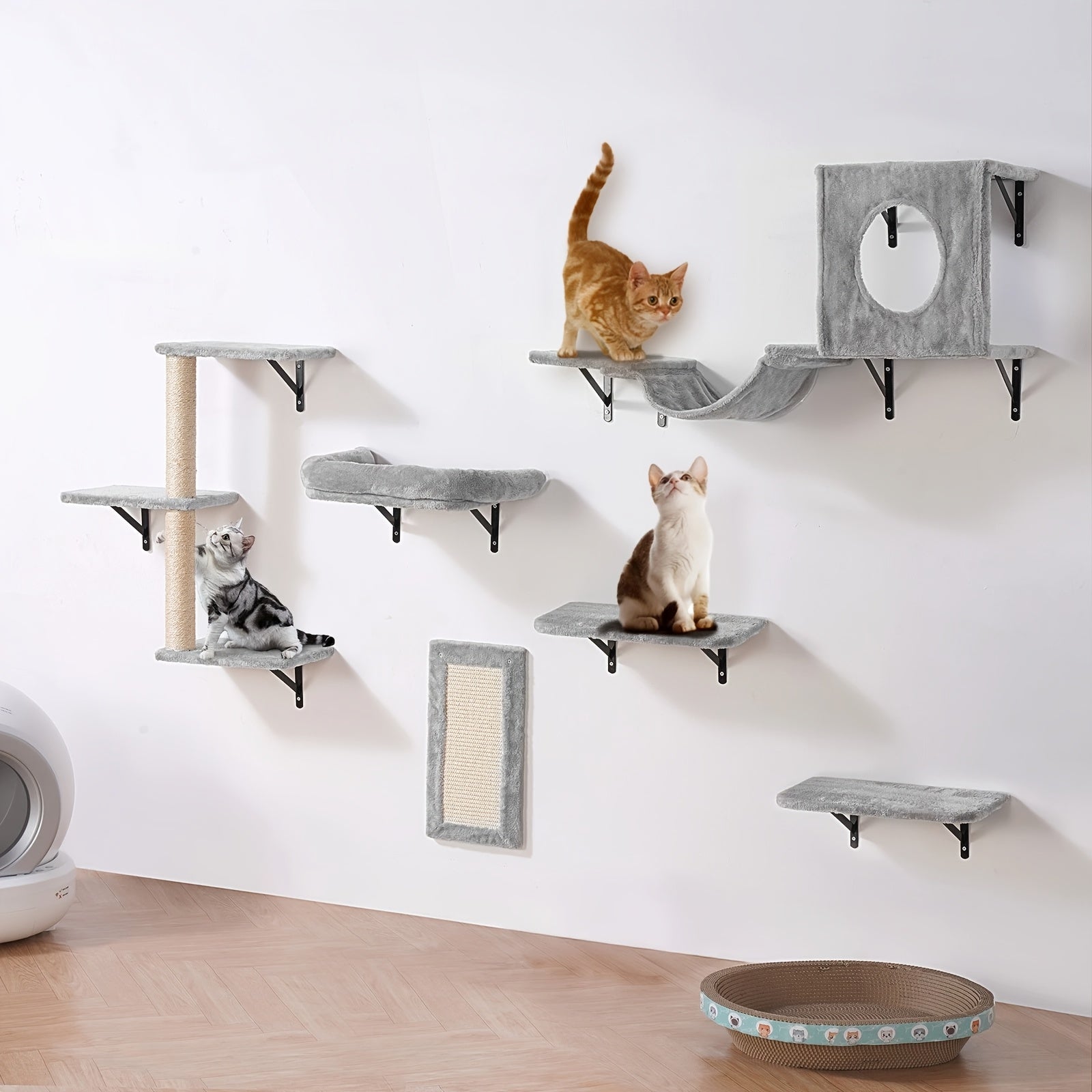 Cat Wall Shelves for Large Cats, Stable & Safe Kitty Walls Furniture Set for 40LBS Cats with Wooden Cat Climber, House, Bridge, Tree, Steps, And Scratcher for 16 Inch Drywall (Black, 6-in-1)