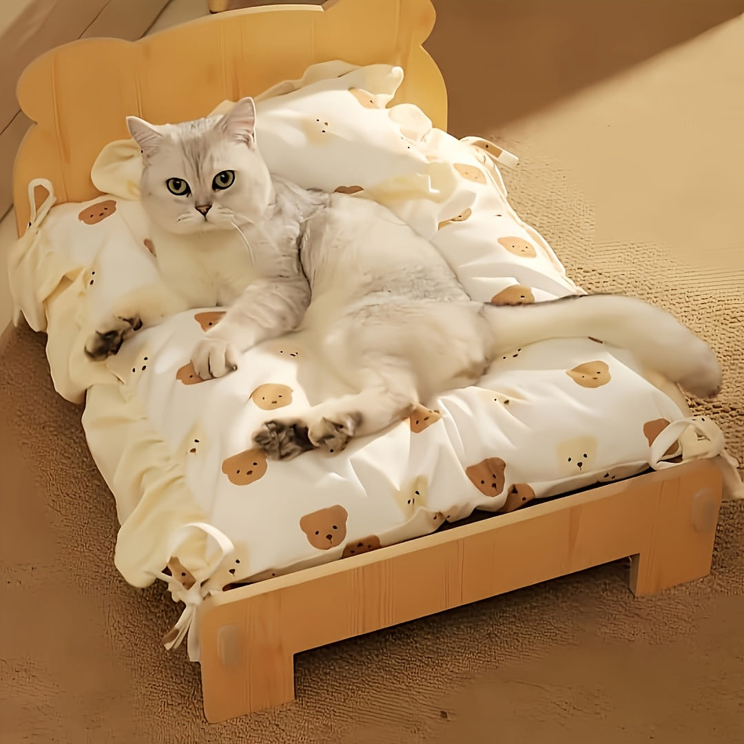 1 Sturdy Wooden Cat Bed with Detachable Cushioned Mattress - Suitable for Supporting Large Cats, Heavy-duty Frame, Beige Color. 1 Sturdy Wooden Cat Bed with Detachable Cushioned Mattress - Suitable for Supporting Large Cats, Heavy-duty Frame, Beige\u002F