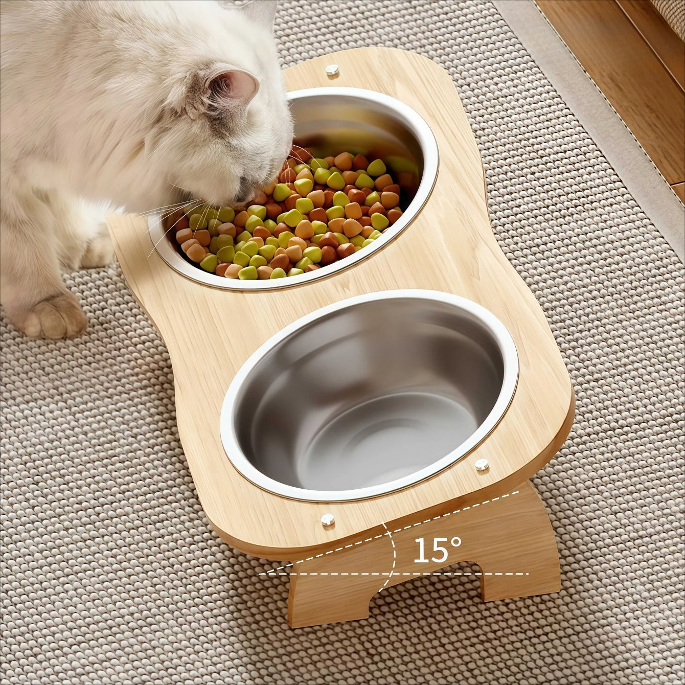 1\u002F2\u002F3 Bowls Solid Wood High Platform Cat And Dog Bowls, 15° Inclined Neck-Protecting Pet Feeder, Food And Water Bowl Set, Stainless Steel Bowls, Easy to Clean, Anti-Tipping, Suitable for Multi-Cat Households And Multi-Pet Households