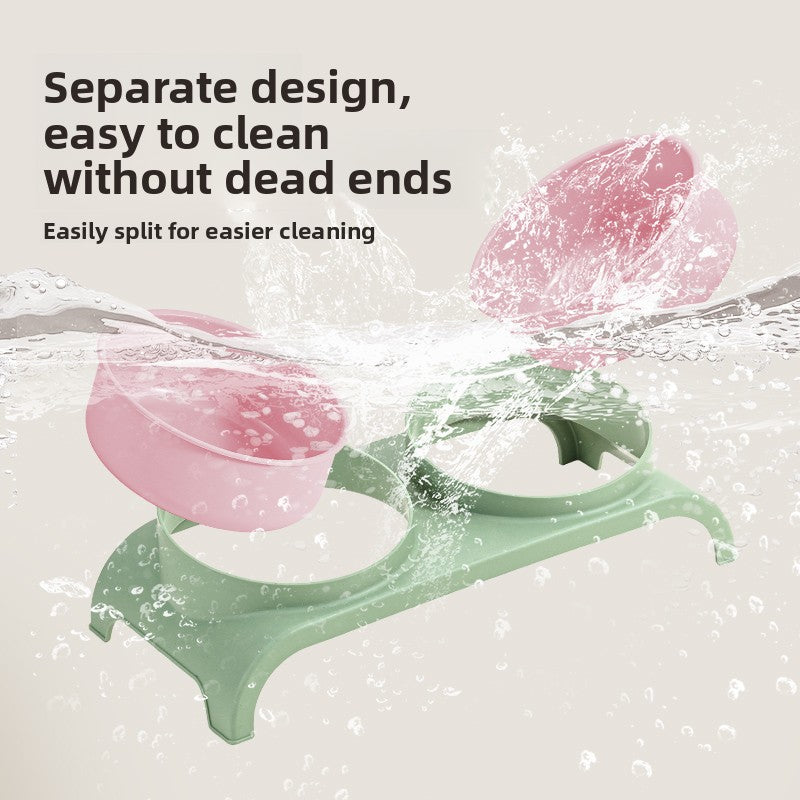 Cat and Dog Feeding Bowl with Anti-collision Neck Protection, Featuring a Dual-bowl Design to Separate Food and Water, and a Raised Stand with Cervical Support