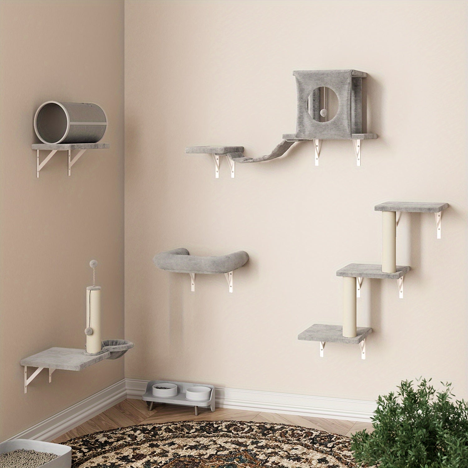 7pcs Wall Mounted Cat Furniture, 6pcs Cat Wall Furniture, Cat Climber With Cat House, Bridge, Tree, Steps, And Scratcher, Cat Walls Playground, Cat Shelves For Indoor Wall Furniture Set