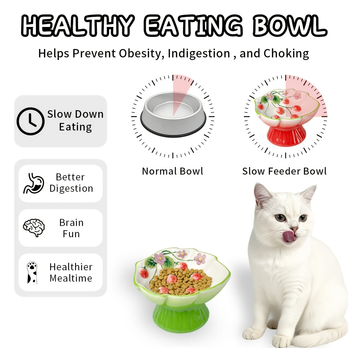 Elevated Ceramic Slow Feeder Cat Bowl for Food And Water with Raised Strawberry Design, Anti-Choke Spill-Proof, Neck Support, Pet Dish for Cats And Dogs, High Edge