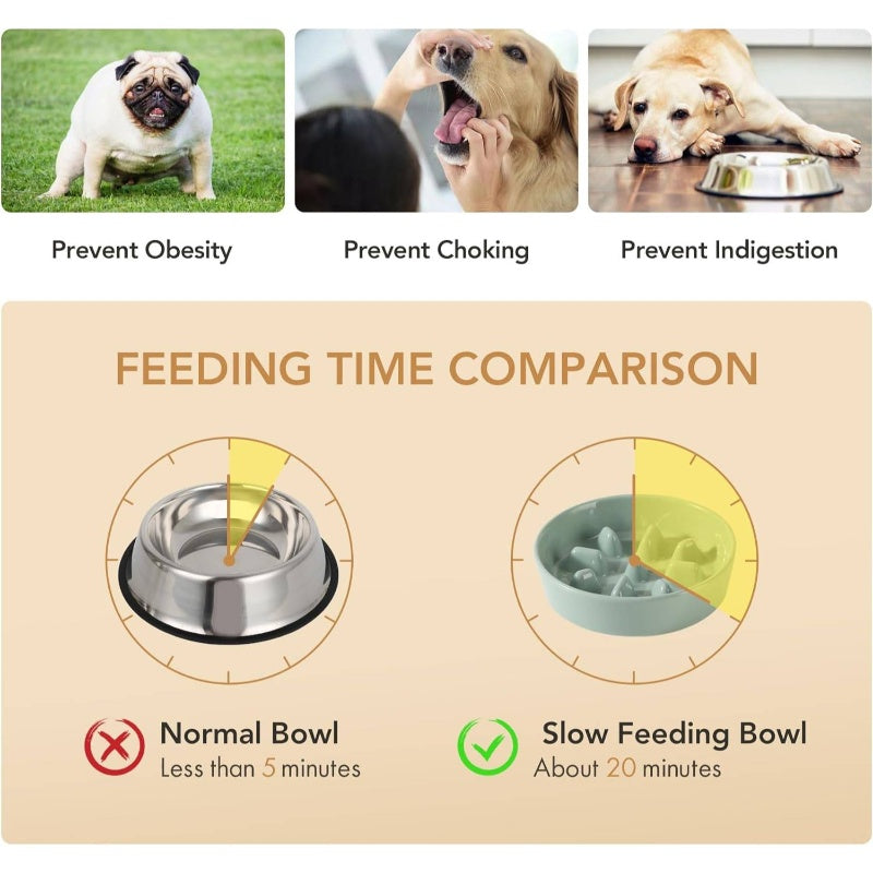 Ceramic Raised Slow Feeder Dog Bowl Set with Adjustable Height Wooden Stand - Elevated 5.1\