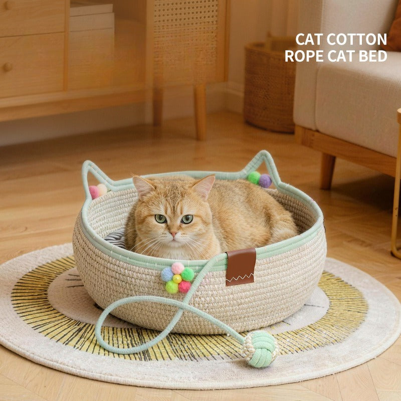 Integrated Rope Cat Bed with Scratcher & Interactive Ball Washable All Season Anti-Scratch Pet Nest for Cats