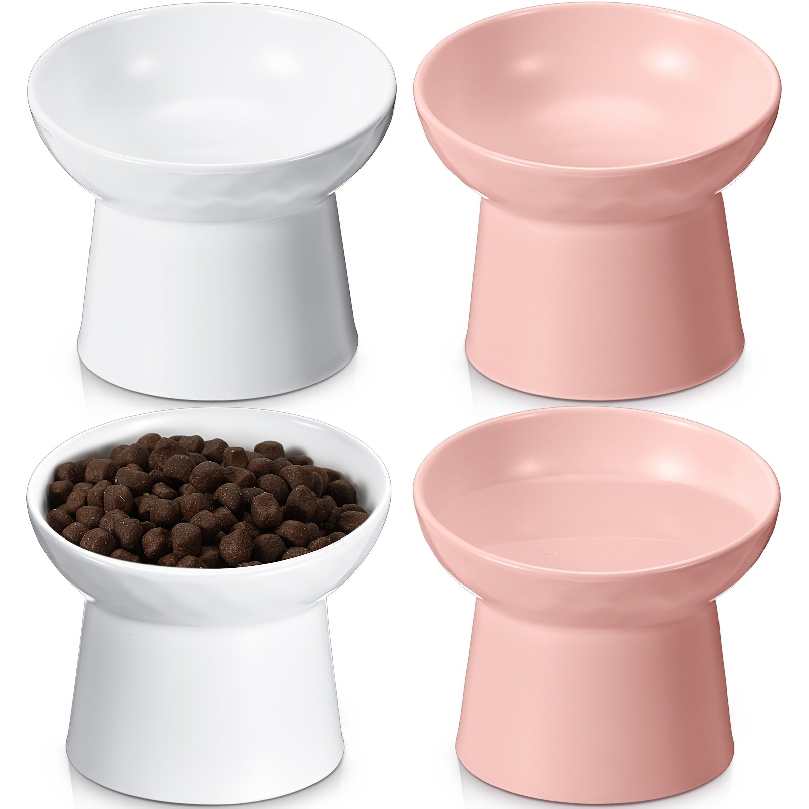 4pcs Elevated Ceramic Cat Bowls with Anti-Spill Design, Ergonomic Tilted Feeding - Dishwasher & Microwave Safe Pet Food Dishes for Indoor Cats & Dogs, White & Pink, Cat Dishes for Food, Modern Petware, Nontoxic Material, Dog Owners