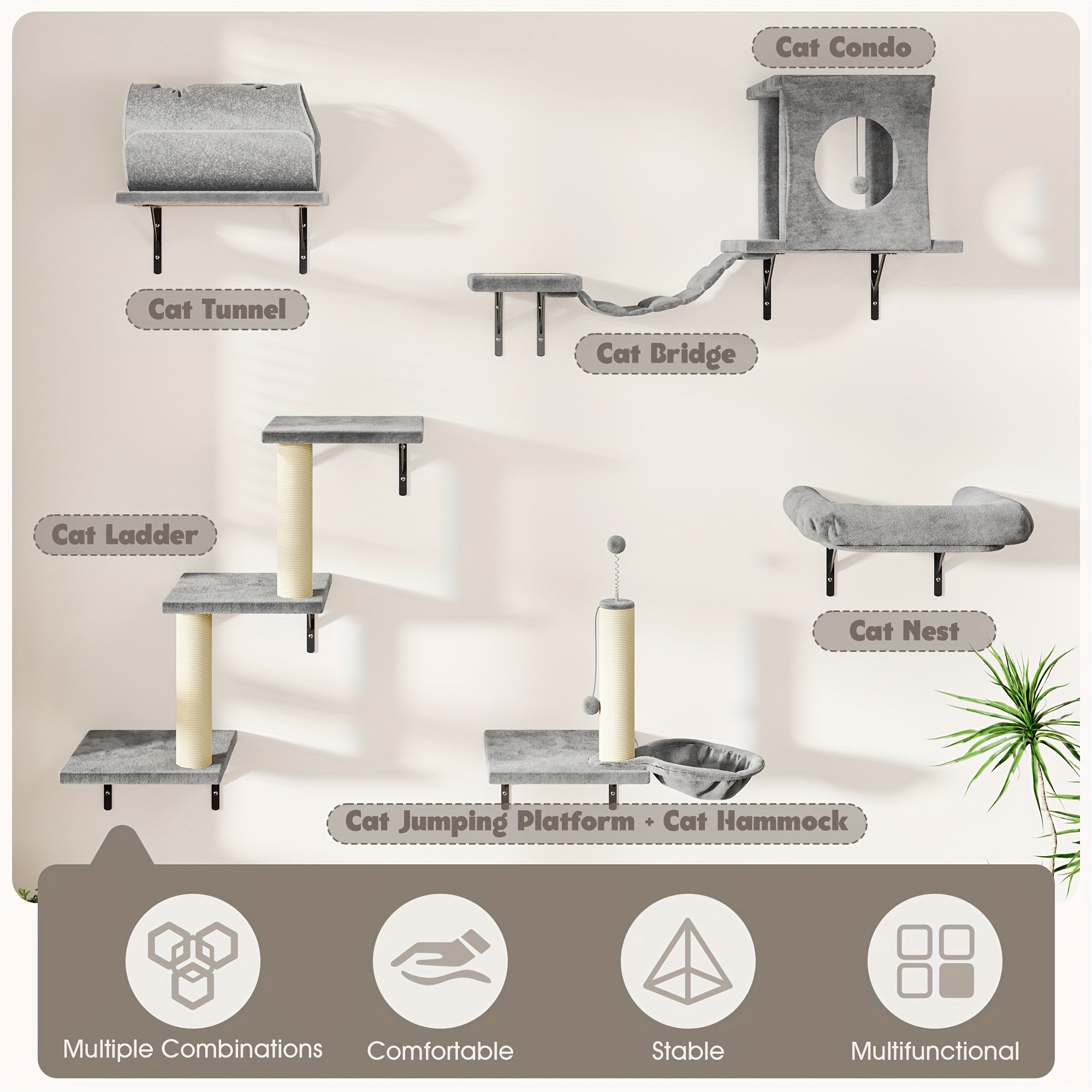 7pcs Wall Mounted Cat Furniture, 6pcs Cat Wall Furniture, Cat Climber With Cat House, Bridge, Tree, Steps, And Scratcher, Cat Walls Playground, Cat Shelves For Indoor Wall Furniture Set
