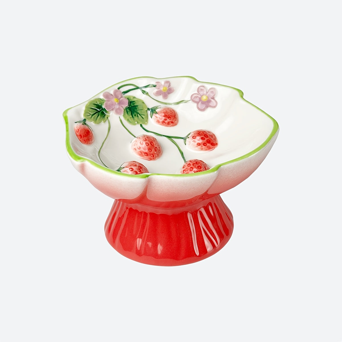 Elevated Ceramic Slow Feeder Cat Bowl for Food And Water with Raised Strawberry Design, Anti-Choke Spill-Proof, Neck Support, Pet Dish for Cats And Dogs, High Edge