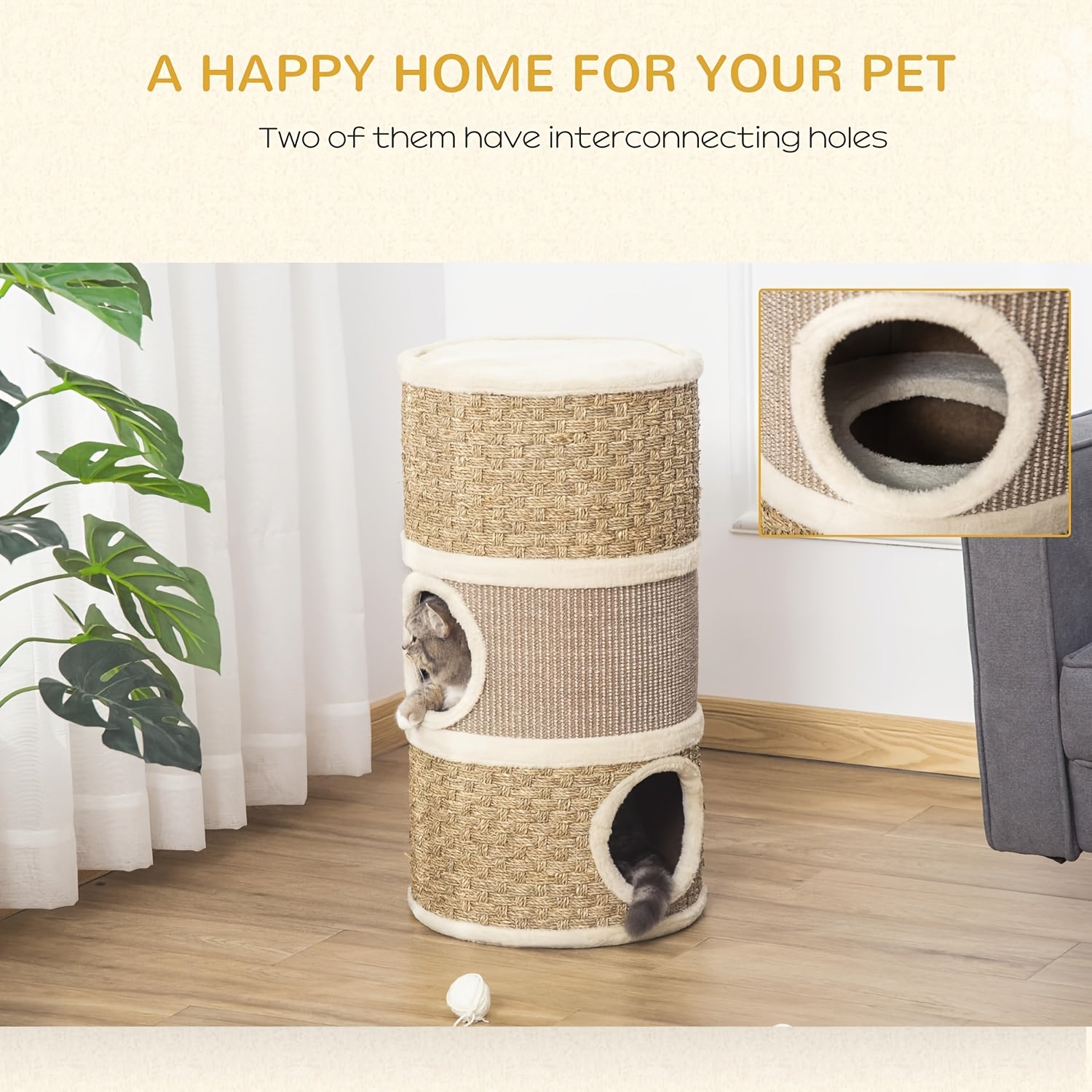 28- Inch Tree Hole Style Cat Condo - Cat Furniture, 3 Story Sisal Scratching Pad Cat Bed\u002FHideaway, Cat Tree House, Cat Hideaway, Compact Barrel- Shaped Indoor Cat Tree, Scratch- Resistant Design, Festive Pet Furniture For Indoor Cats, Brown