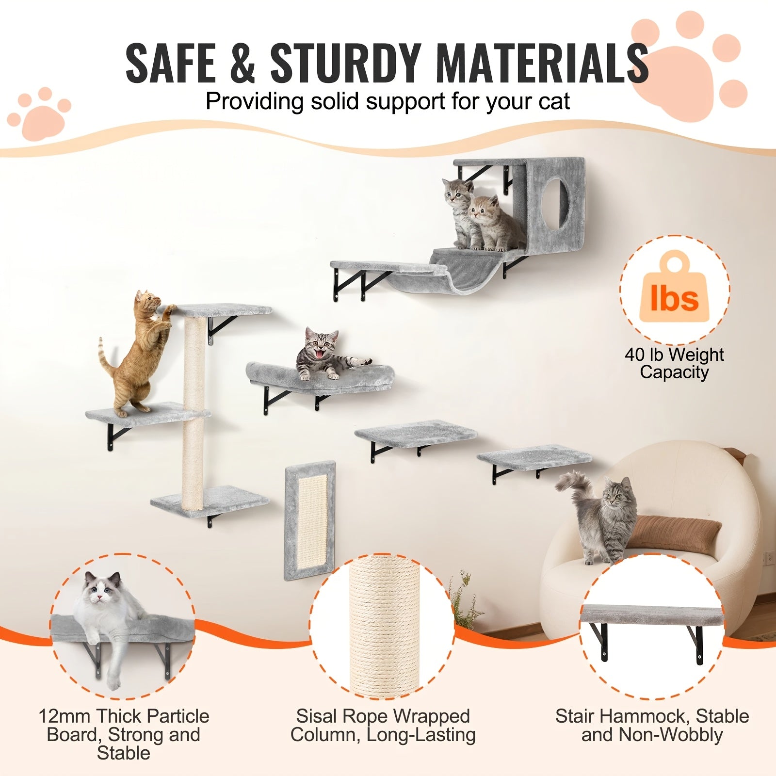 Cat Wall Shelves for Large Cats, Stable & Safe Kitty Walls Furniture Set for 40LBS Cats with Wooden Cat Climber, House, Bridge, Tree, Steps, And Scratcher for 16 Inch Drywall (Black, 6-in-1)