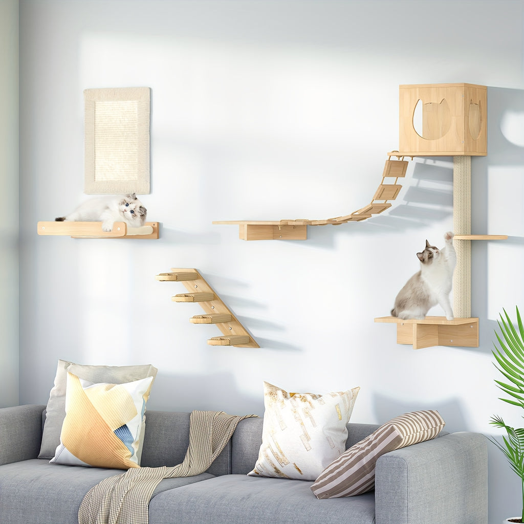 Cat Wall Shelves And Perches For Wall, Wooden Wall Mounted Cat Furniture, Set Of 5 Cat Wall Furniture, Cat Corridor, Cat House, Cat Plush Hammock, Scratching Board And Cat Climbing Shelves, Sturdy, Durable And Safe, Natural