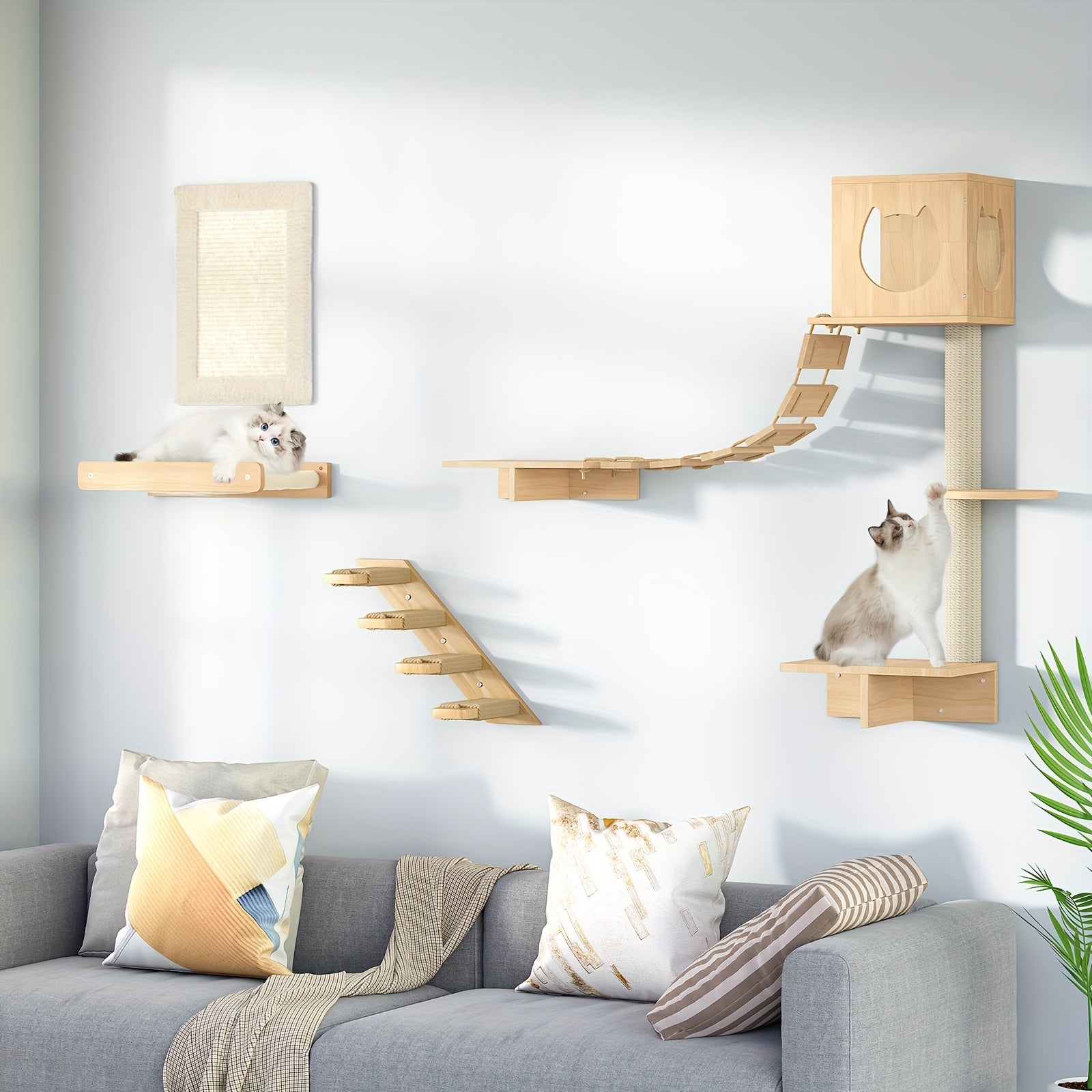 Cat Wall Shelves And Perches For Wall, Wooden Wall Mounted Cat Furniture, Set Of 5 Cat Wall Furniture, Cat Corridor, Cat House, Cat Plush Hammock, Scratching Board And Cat Climbing Shelves, Sturdy, Durable And Safe, Natural