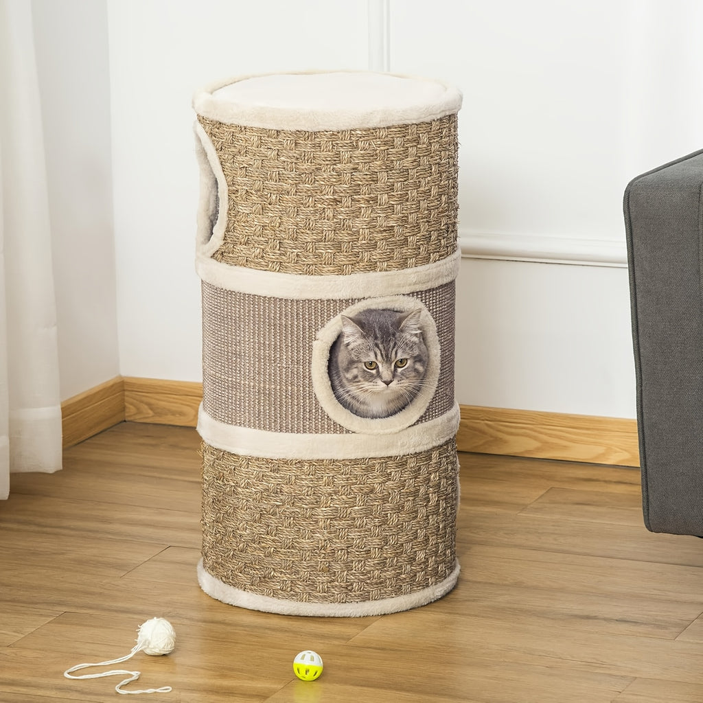28- Inch Tree Hole Style Cat Condo - Cat Furniture, 3 Story Sisal Scratching Pad Cat Bed\u002FHideaway, Cat Tree House, Cat Hideaway, Compact Barrel- Shaped Indoor Cat Tree, Scratch- Resistant Design, Festive Pet Furniture For Indoor Cats, Brown