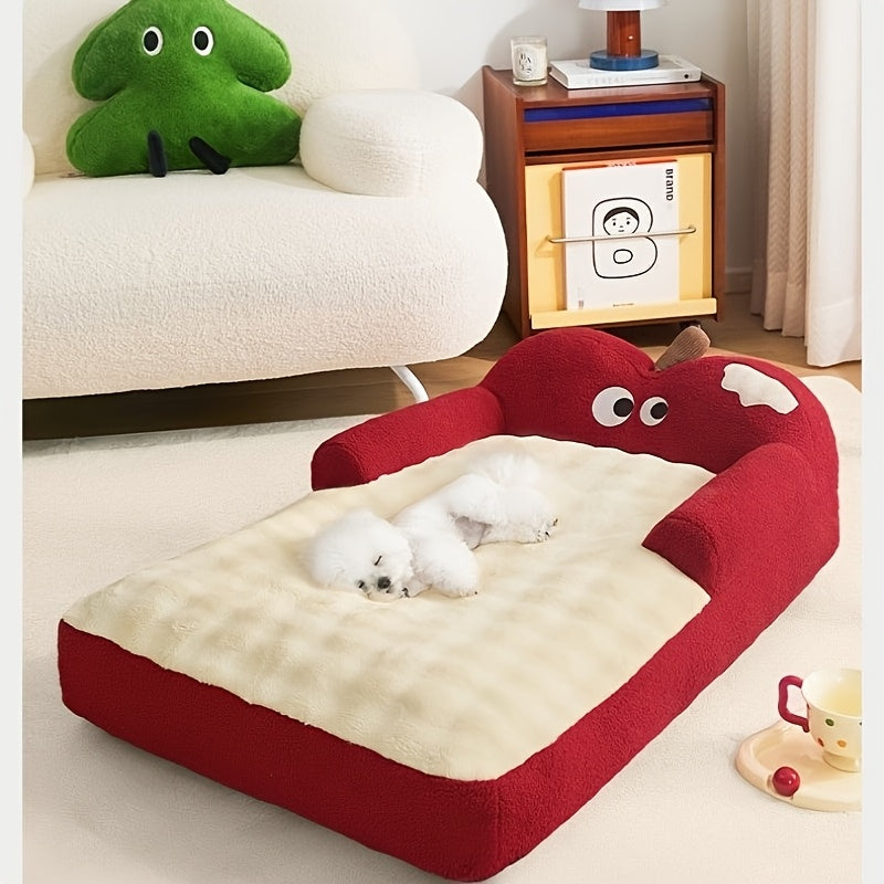2pcs Apple Warm Bed + Blanket Universal Kennel Bed Removable And Washable Winter Warm Sleeping Cushion Cat Sofa
