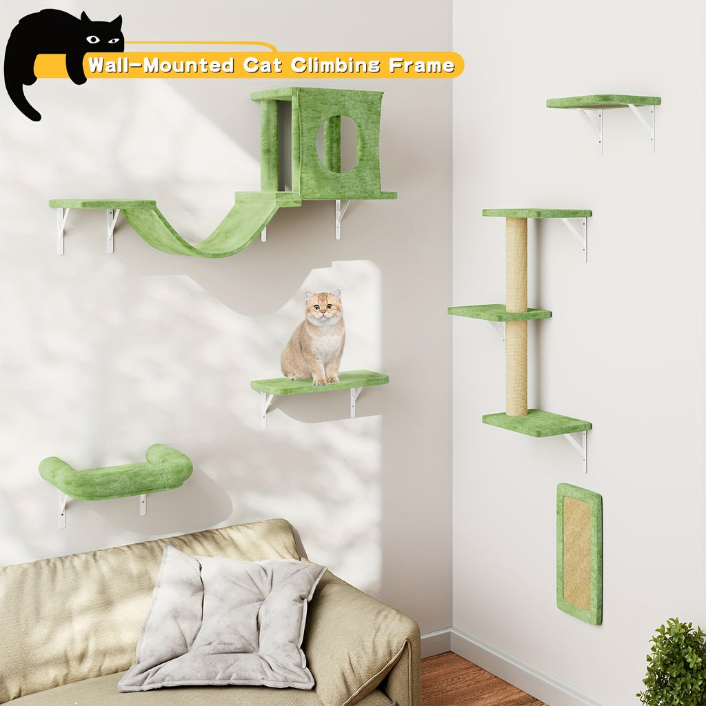 7pcs Wall Mounted Cat Furniture, 6pcs Cat Wall Furniture, Cat Climber With Cat House, Bridge, Tree, Steps, And Scratcher, Cat Walls Playground, Cat Shelves For Indoor Wall Furniture Set