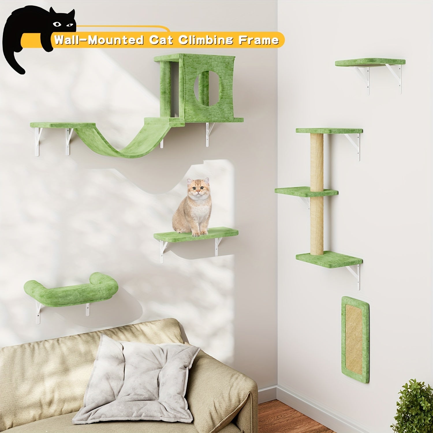 7pcs Wall Mounted Cat Furniture, 6pcs Cat Wall Furniture, Cat Climber With Cat House, Bridge, Tree, Steps, And Scratcher, Cat Walls Playground, Cat Shelves For Indoor Wall Furniture Set