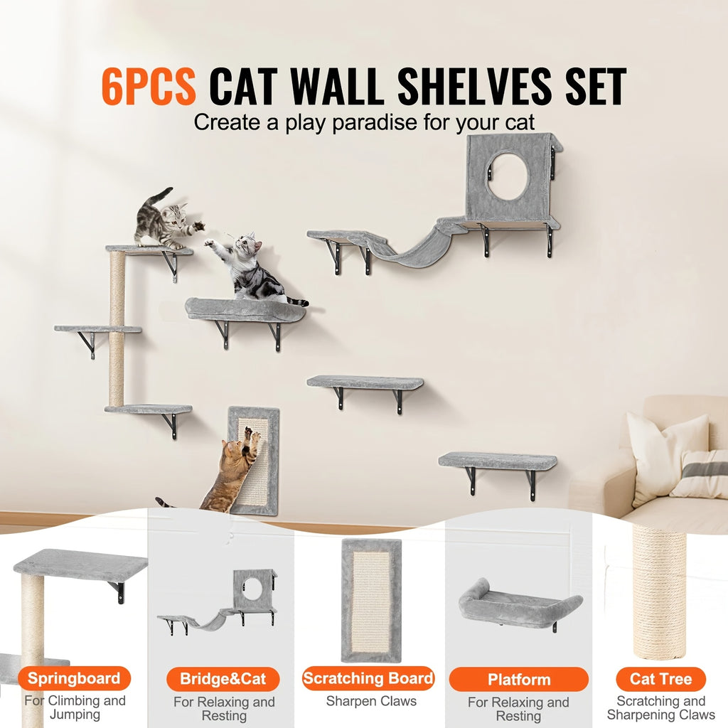 Cat Wall Shelves for Large Cats, Stable & Safe Kitty Walls Furniture Set for 40LBS Cats with Wooden Cat Climber, House, Bridge, Tree, Steps, And Scratcher for 16 Inch Drywall (Black, 6-in-1)