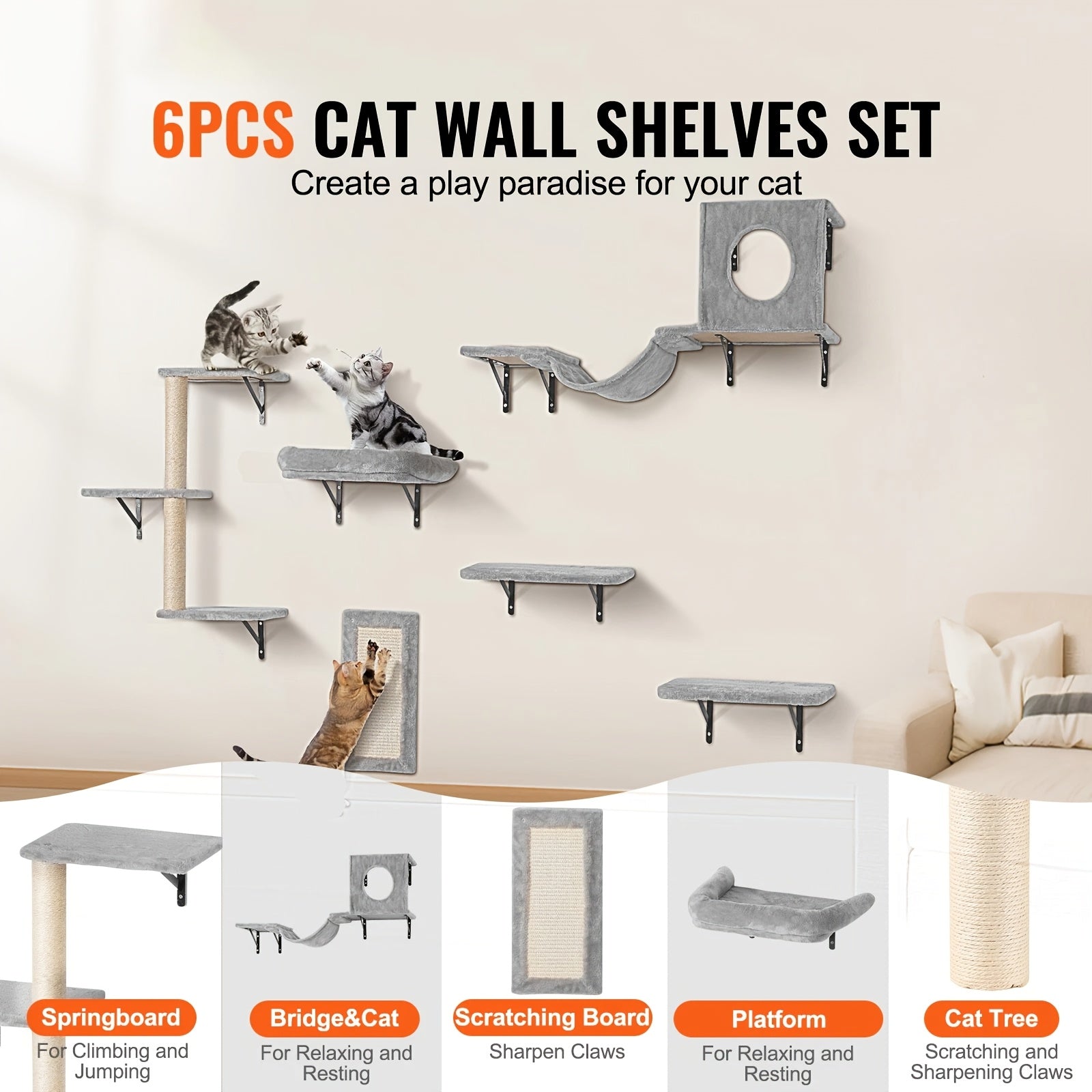 Cat Wall Shelves for Large Cats, Stable & Safe Kitty Walls Furniture Set for 40LBS Cats with Wooden Cat Climber, House, Bridge, Tree, Steps, And Scratcher for 16 Inch Drywall (Black, 6-in-1)