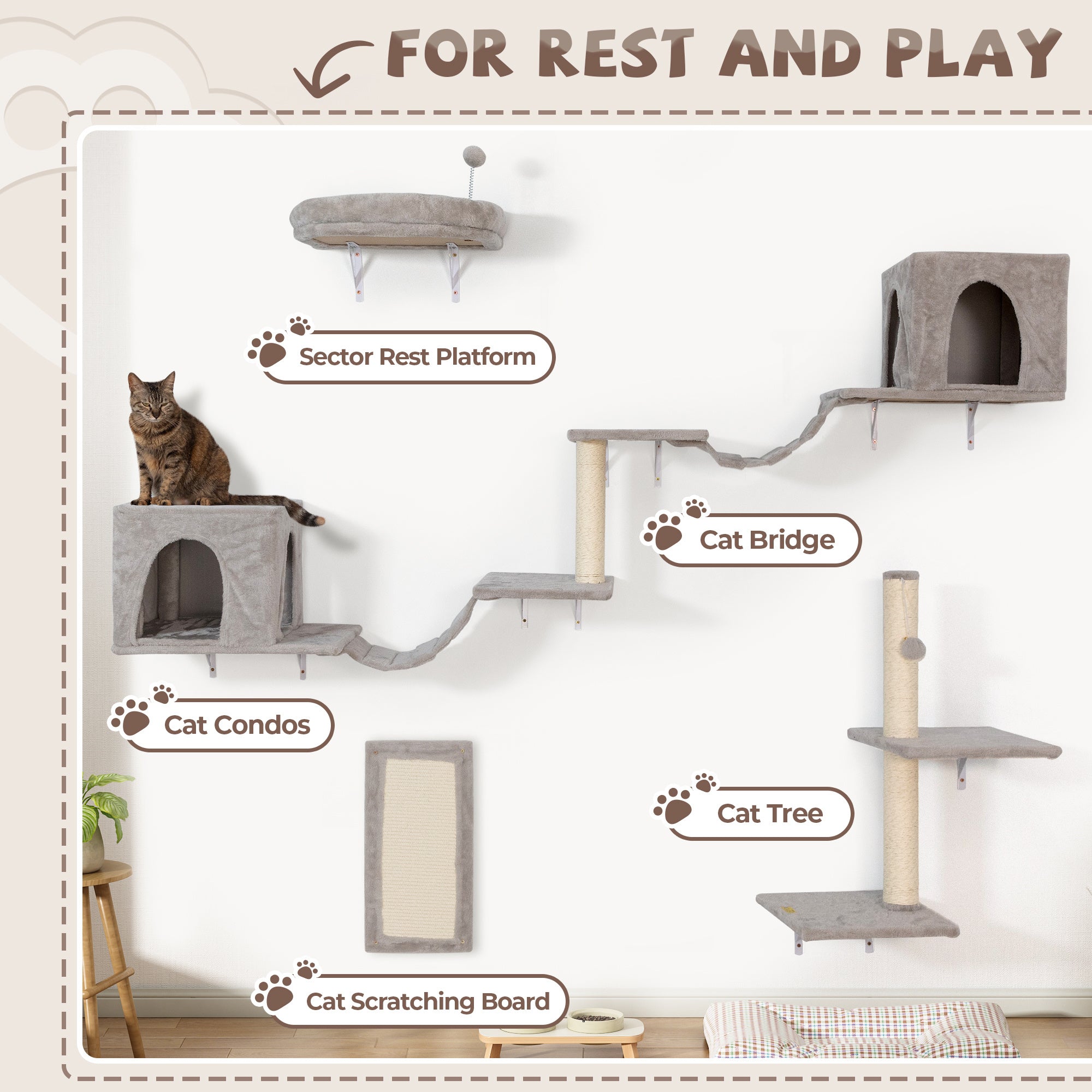 Cat Wall Furniture, Sturdy and Safe 8 in 1 Cat Wall Shelves, Fashion Unique Wooden Cat Climber with Cat Condo, Scratching Board, Bridge & Tree, Gray