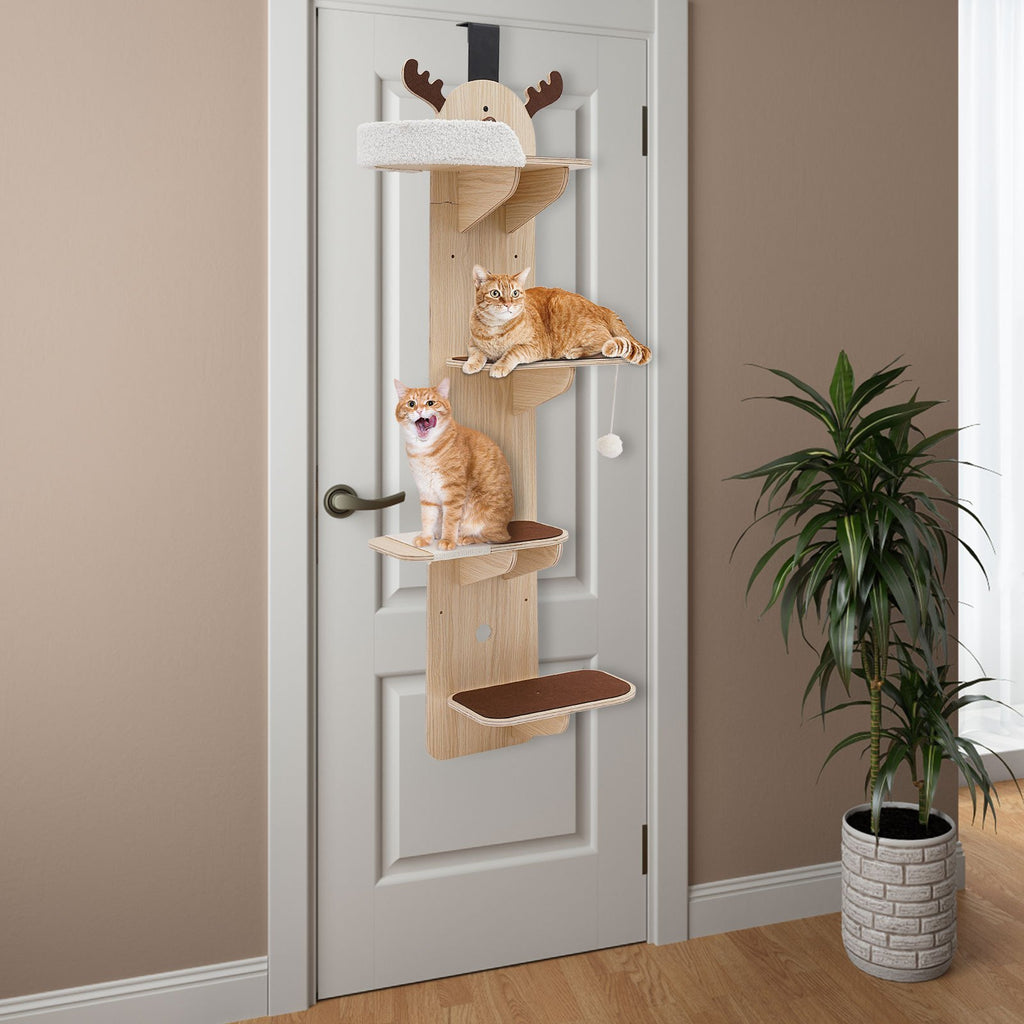OUKANING 4-Tier Door-Mounted Cat Tree - Space-Saving Cat Shelf with Sisal Scratching Post, Multi-Level Climbing, DIY Assembly for Small Apartments, Modern Iron & Wood Cat Furniture for Kittens & Cats ( Install)