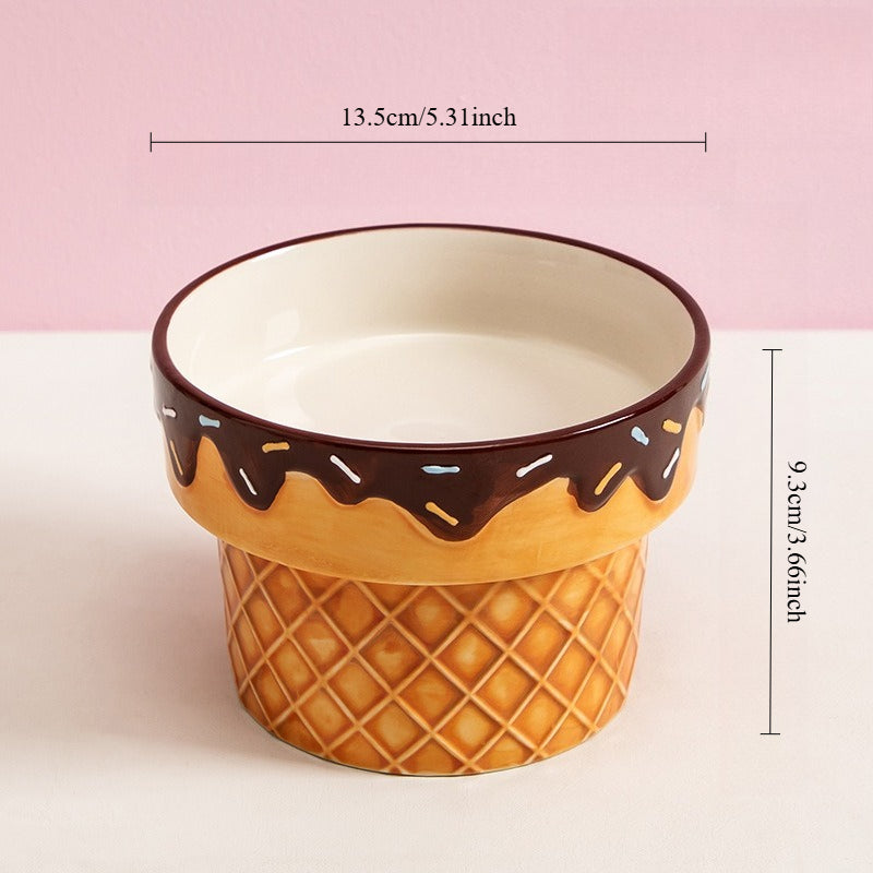 5.3-Inch Cute Ice Cream Ceramic Raised Cat Bowl, Ergonomic Elevated Pet Feeder for Neck Protection, Cat Food Dish & Dog Bowl, Ideal Gift for Cats