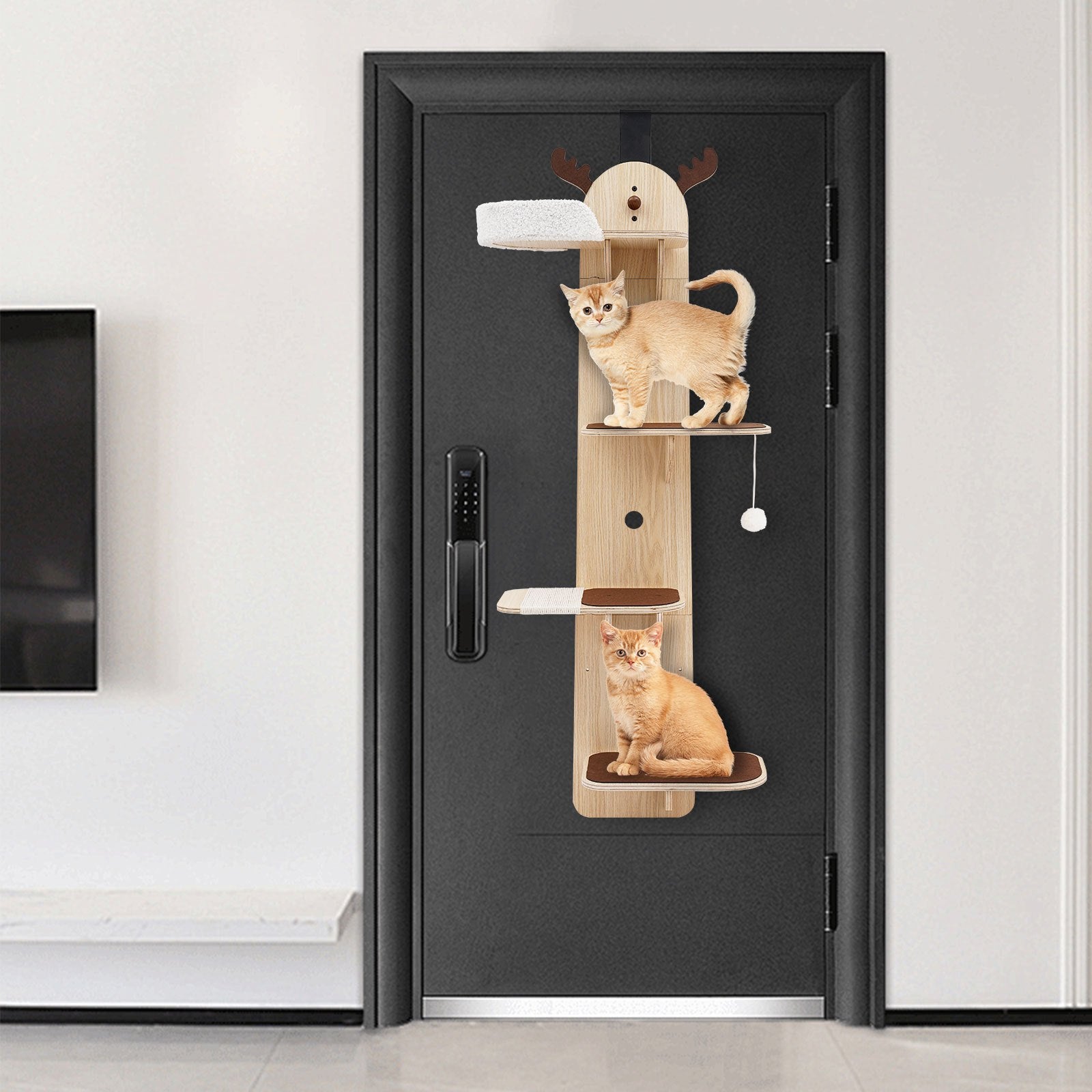 OUKANING 4-Tier Door-Mounted Cat Tree - Space-Saving Cat Shelf with Sisal Scratching Post, Multi-Level Climbing, DIY Assembly for Small Apartments, Modern Iron & Wood Cat Furniture for Kittens & Cats ( Install)